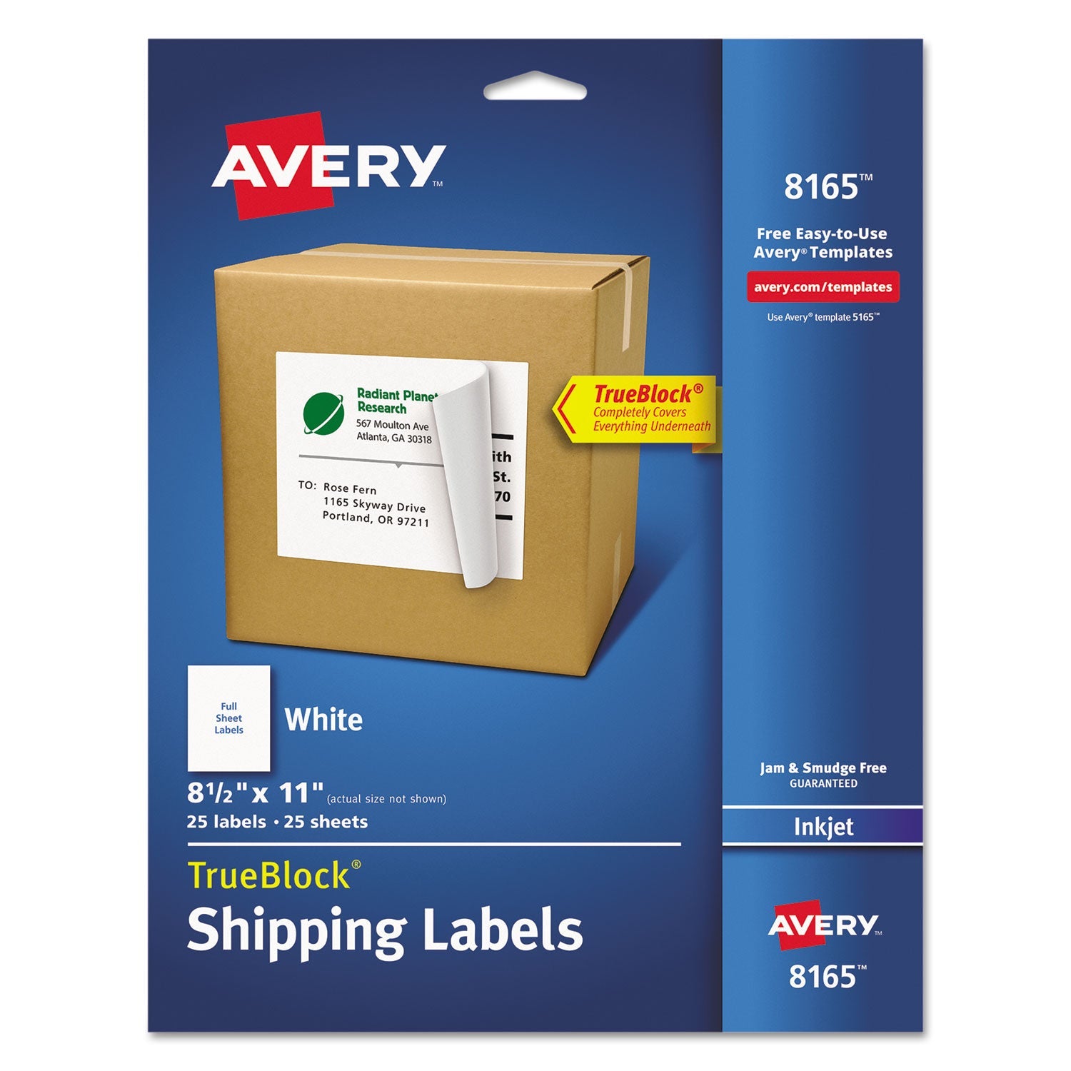Avery® Shipping Labels With Trueblock Technology, Inkjet Printers, 8.5 X 11, White, 25/pack