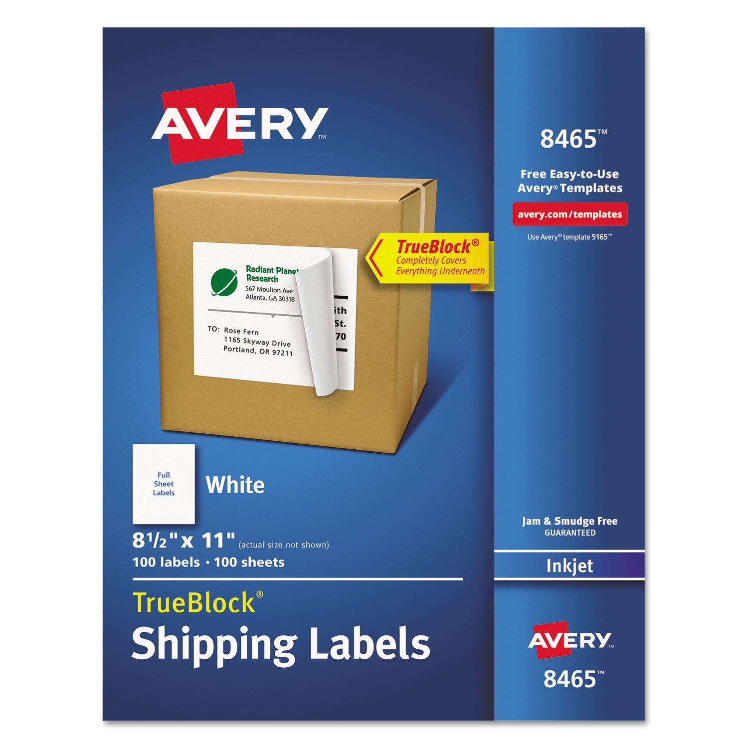 Avery® Shipping Labels With Trueblock Technology, Inkjet Printers, 8.5 X 11, White, 100/box