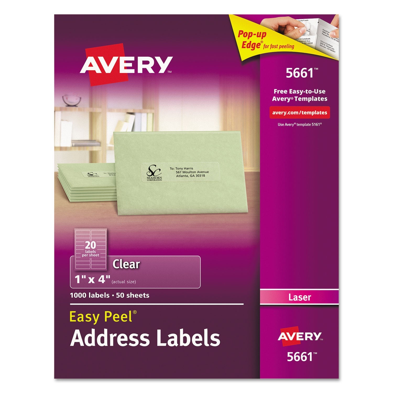 Avery® Matte Clear Easy Peel Mailing Labels W/ Sure Feed Technology, Laser Printers, 1 X 4, Clear, 20/sheet, 50 Sheets/box