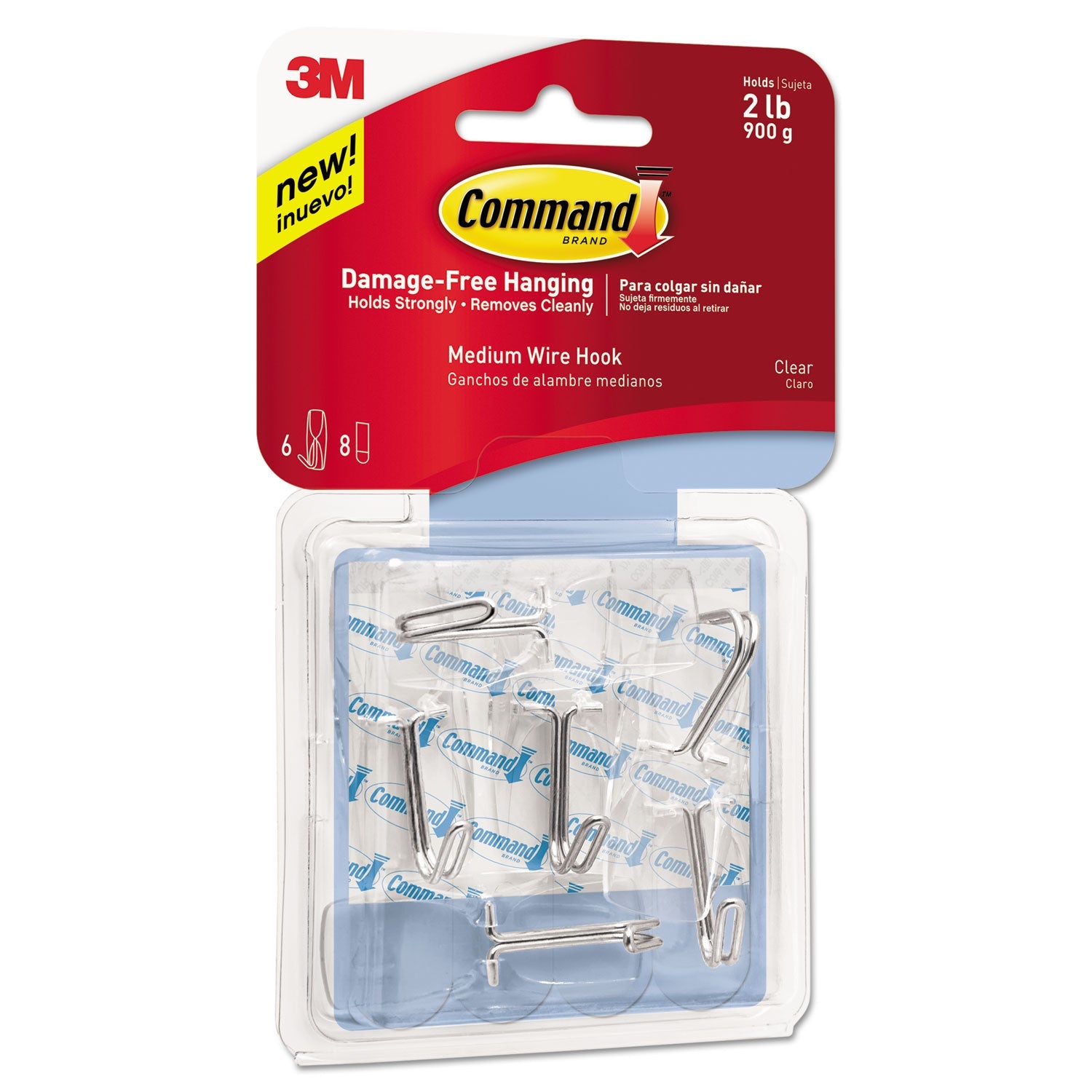 Command™ Clear Hooks and Strips, Medium, Plastic, 2 lb Capacity, 6 Hooks and 8 Strips/Pack
