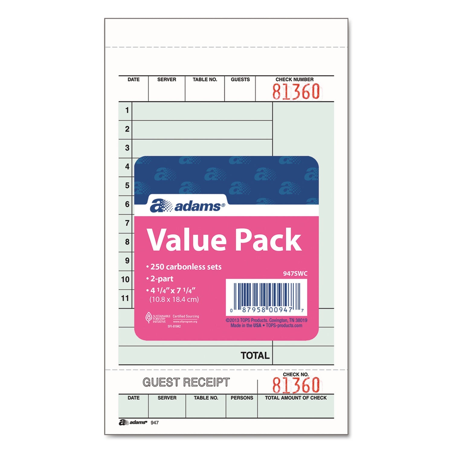 Adams® Multi-Part Guest Check Unit Sets, Two-Part Carbonless, 4.25 x 6.75, 250 Forms Total