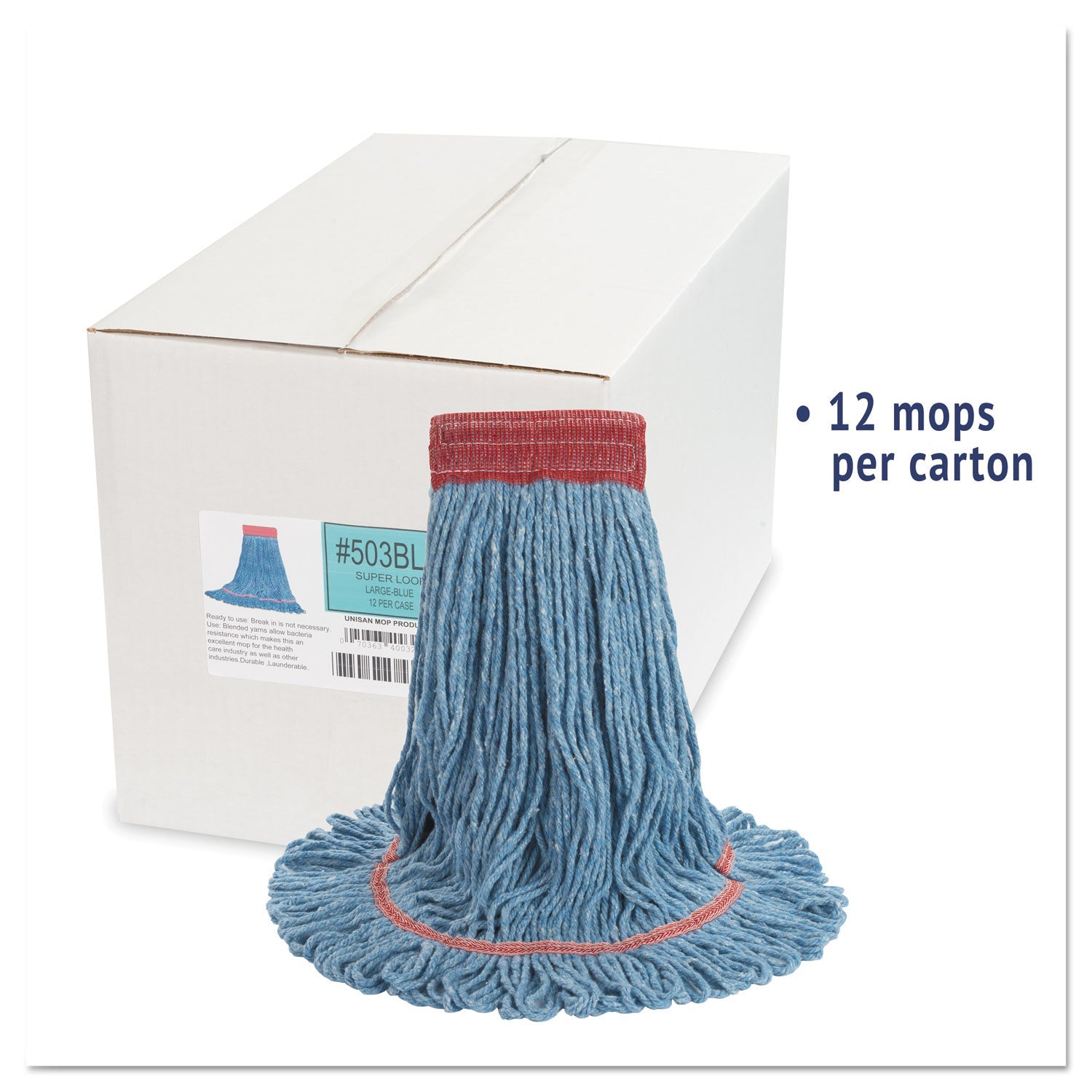 Boardwalk® Super Loop Wet Mop Head, Cotton/synthetic Fiber, 5" Headband, Large Size, Blue, 12/carton