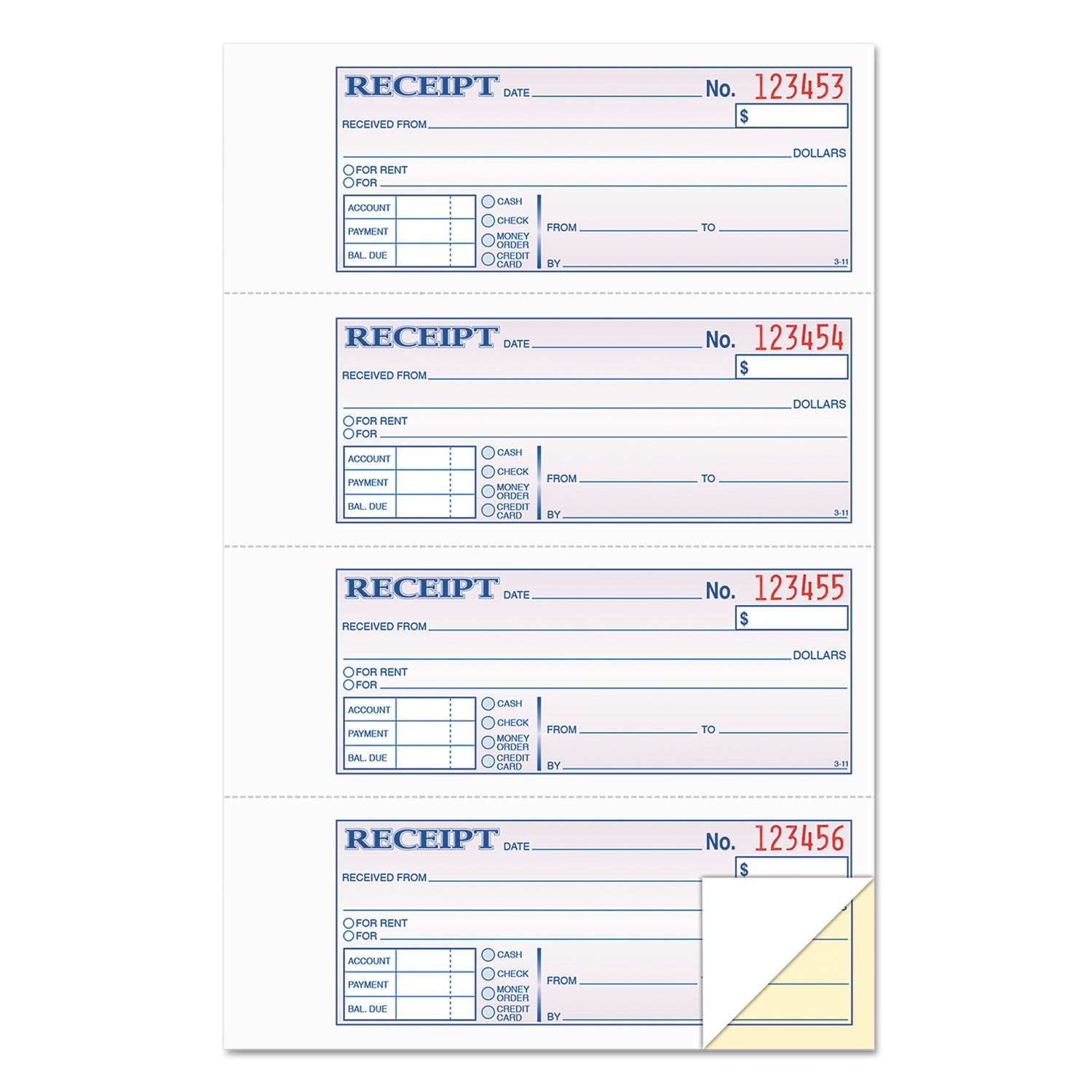 TOPS™ Money and Rent Receipt Books, Account + Payment Sections, Two-Part Carbonless, 7.13 x 2.75, 4 Forms/Sheet, 400 Forms Total