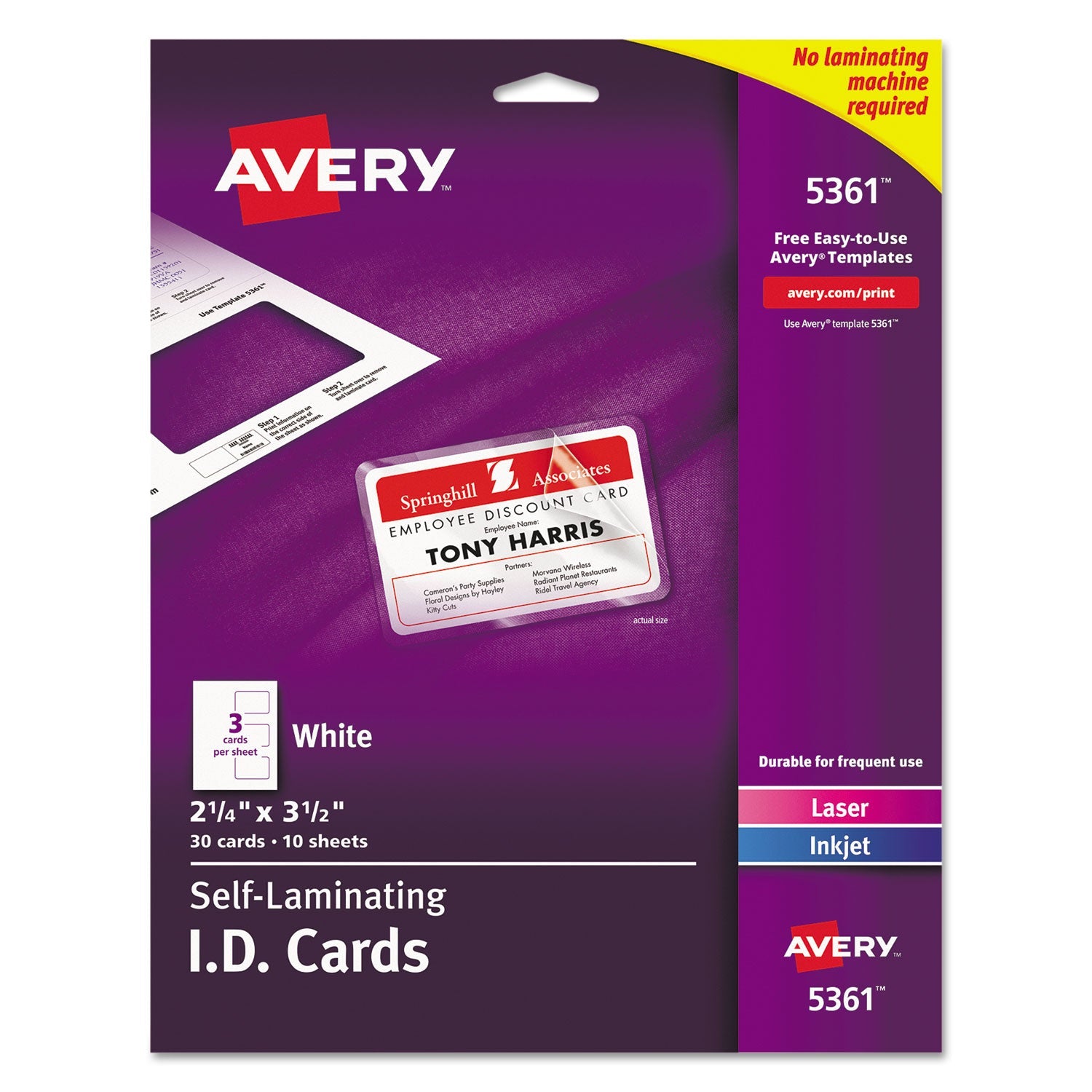 Avery® Laminated Laser/inkjet Id Cards, 2 1/4 X 3 1/2, White, 30/box