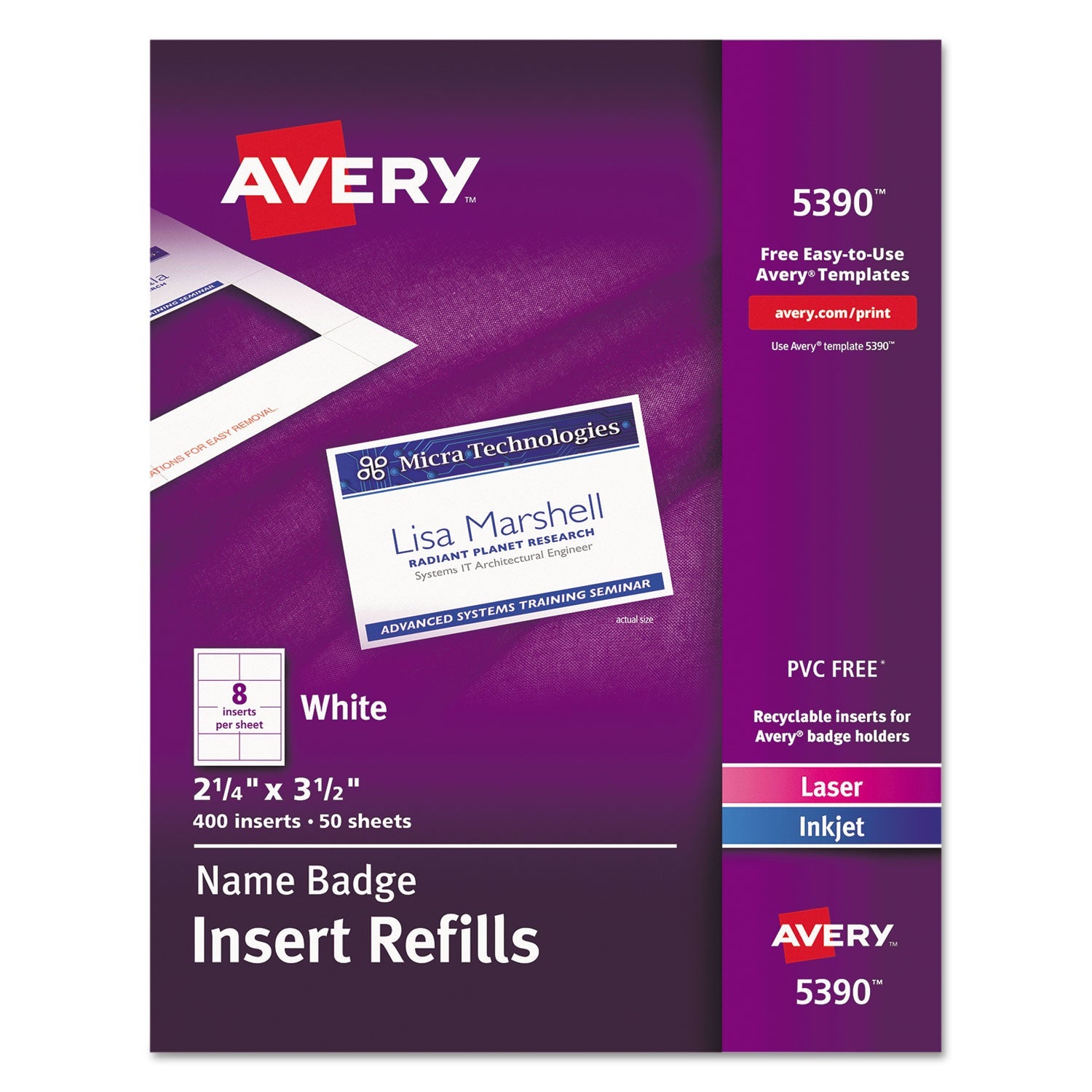 Avery® Name Badge Insert Refills, Horizontal/vertical, 2 1/4 X 3 1/2, White, 400/box