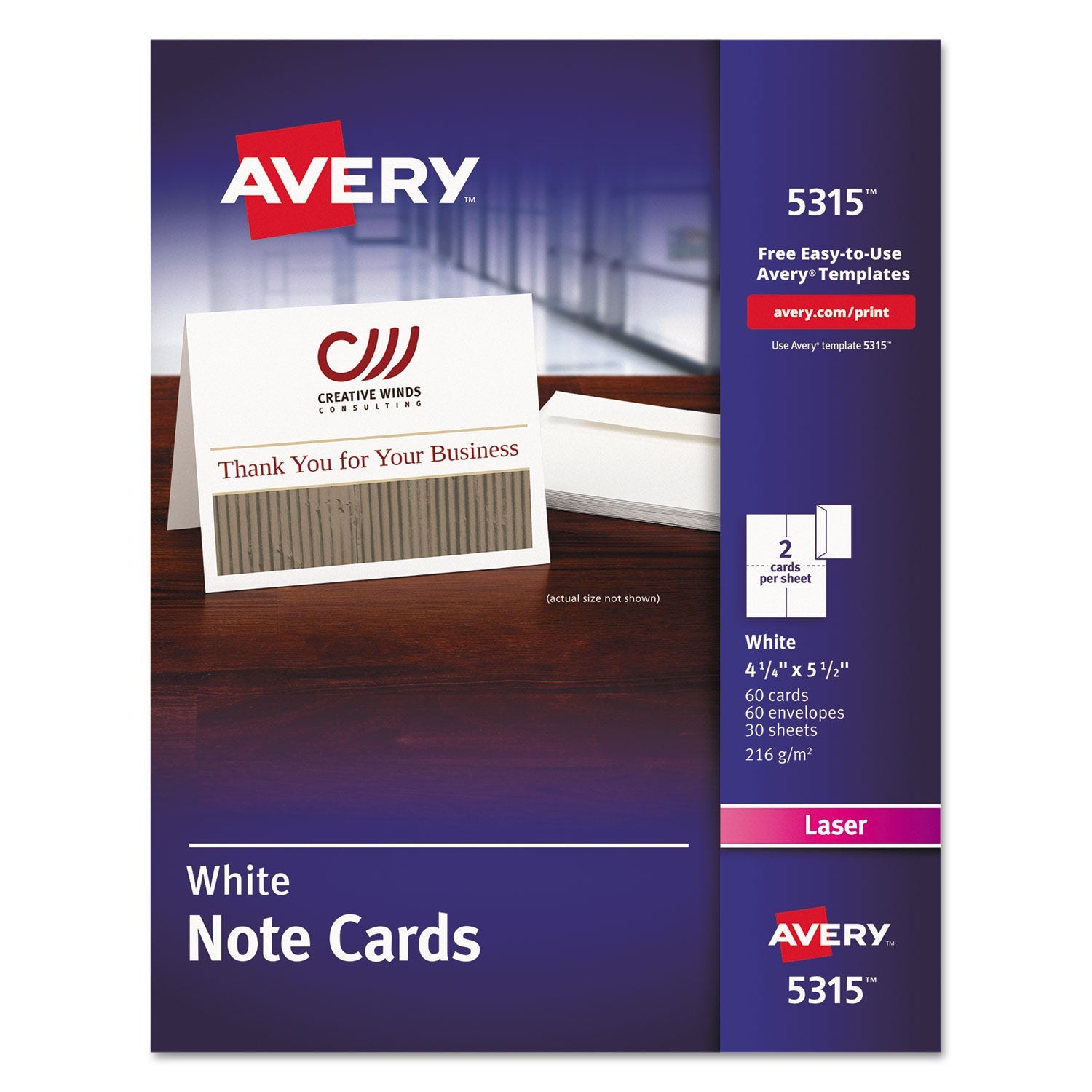 Avery® Note Cards with Matching Envelopes, Laser, 80 lb, 4.25 x 5.5, Uncoated White, 60 Cards, 2 Cards/Sheet, 30 Sheets/Pack