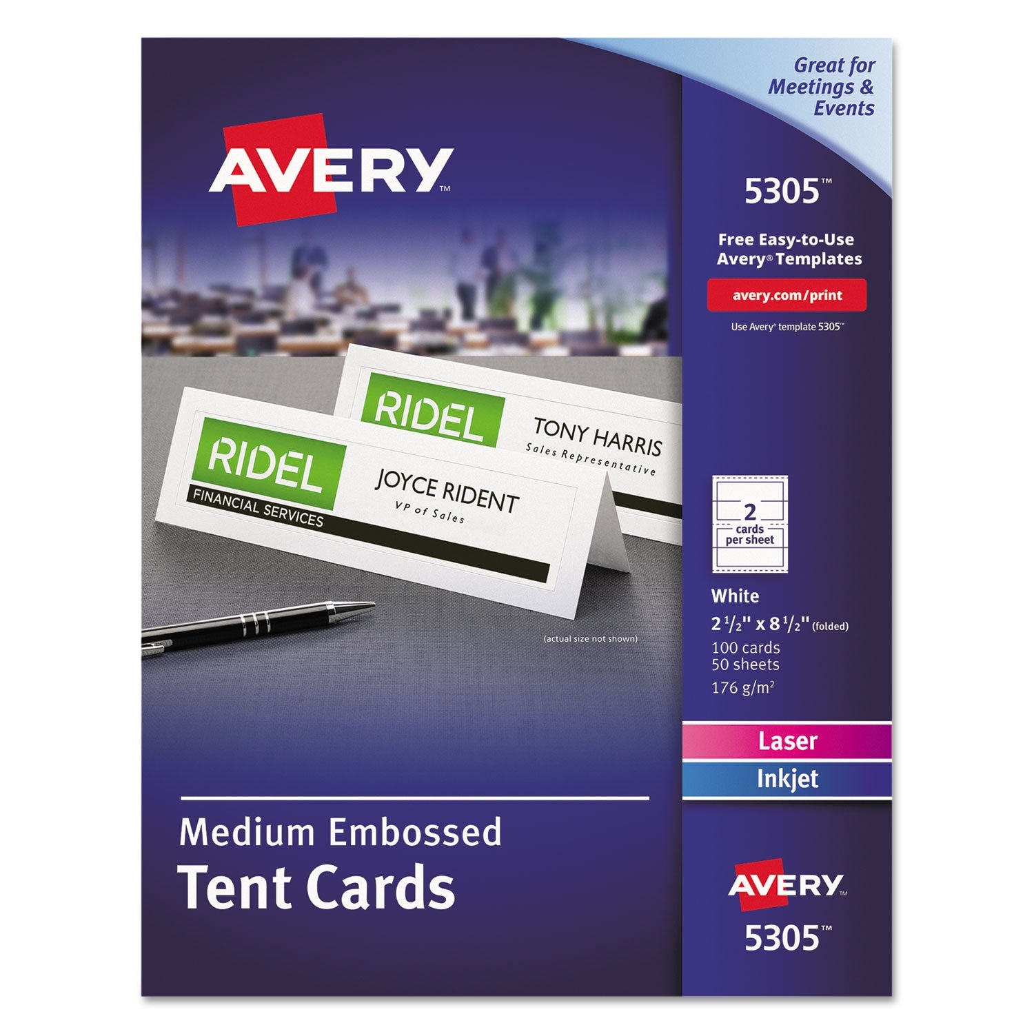 Avery® Medium Embossed Tent Cards, White, 8.5 x 2.5, 2 Cards/Sheet, 50 Sheets/Box
