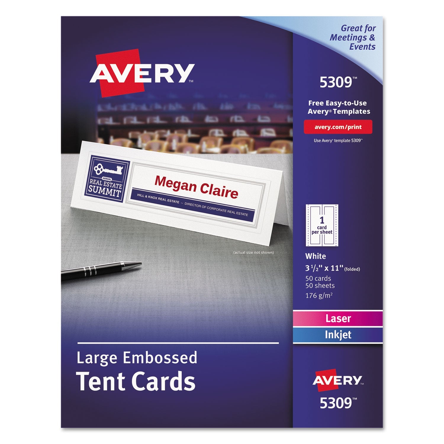 Avery® Large Embossed Tent Card, White, 11, x 3.5, 1 Card/Sheet, 50 Sheets/Box