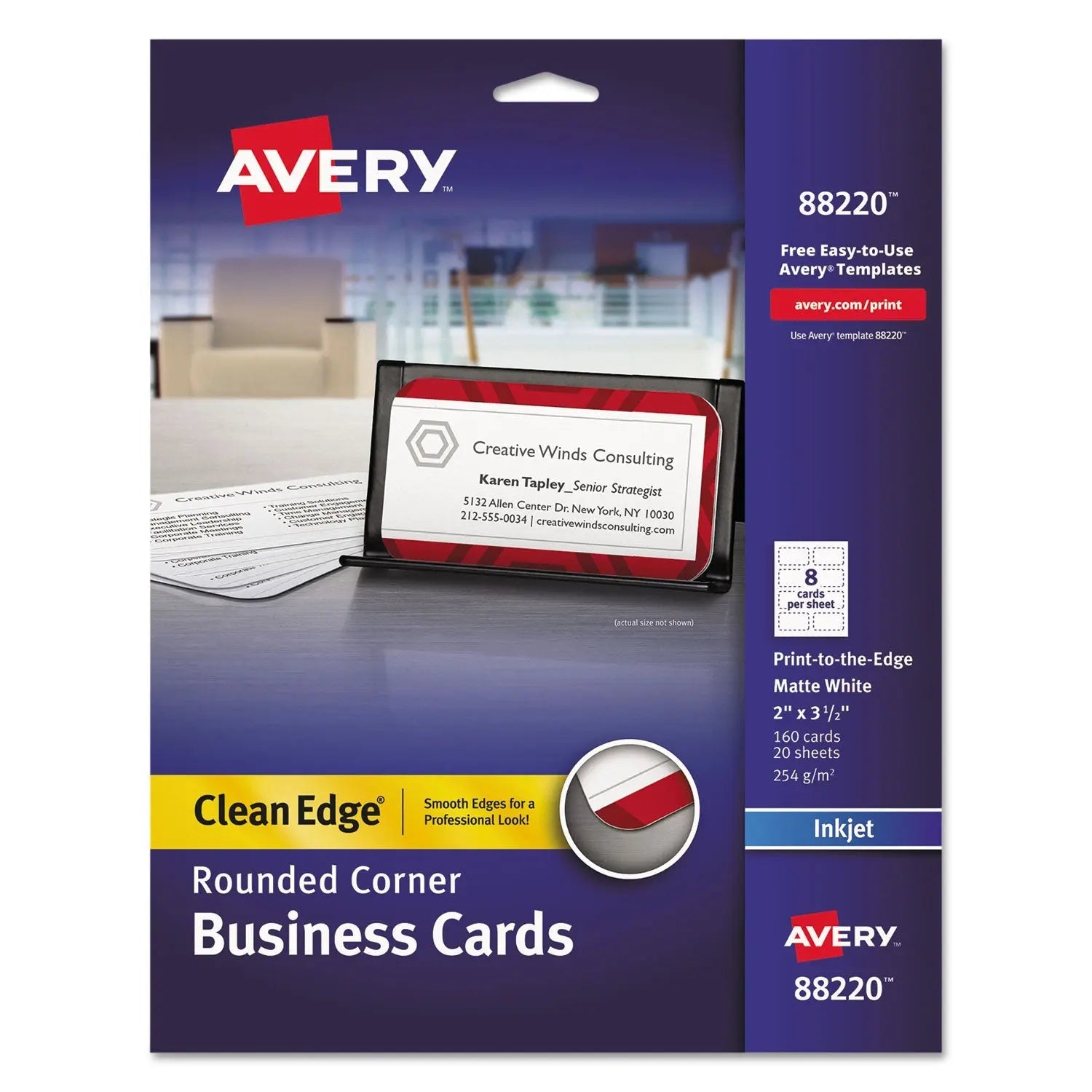 Avery® Round Corner Print-To-The-Edge Business Cards, Inkjet, 2 X 3.5, White, 160 Cards, 8 Cards/sheet, 20 Sheets/pack