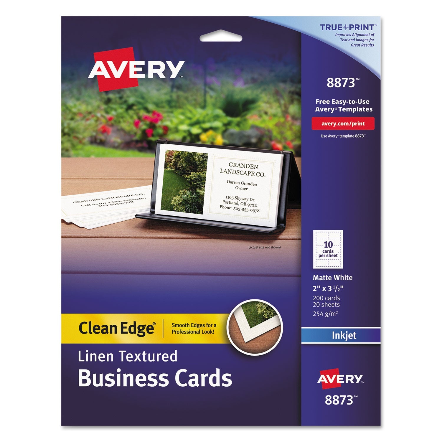 Avery® Linen Texture True Print Business Cards, Inkjet, 2 X 3.5, White, 200 Cards, 10 Cards/sheet, 20 Sheets/pack