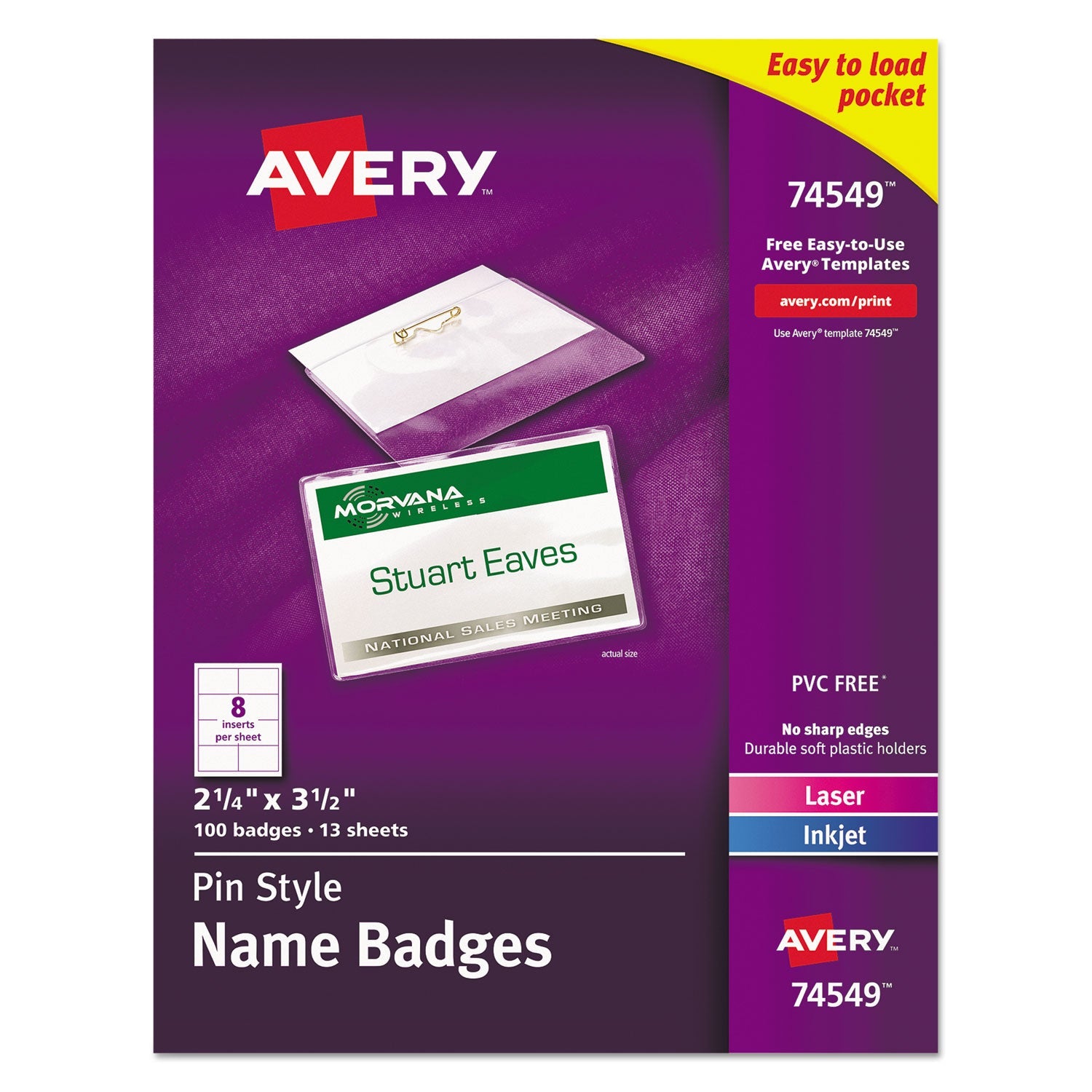 Avery® Pin-Style Badge Holder With Laser/inkjet Insert, Top Load, 3.5 X 2.25, White, 100/box