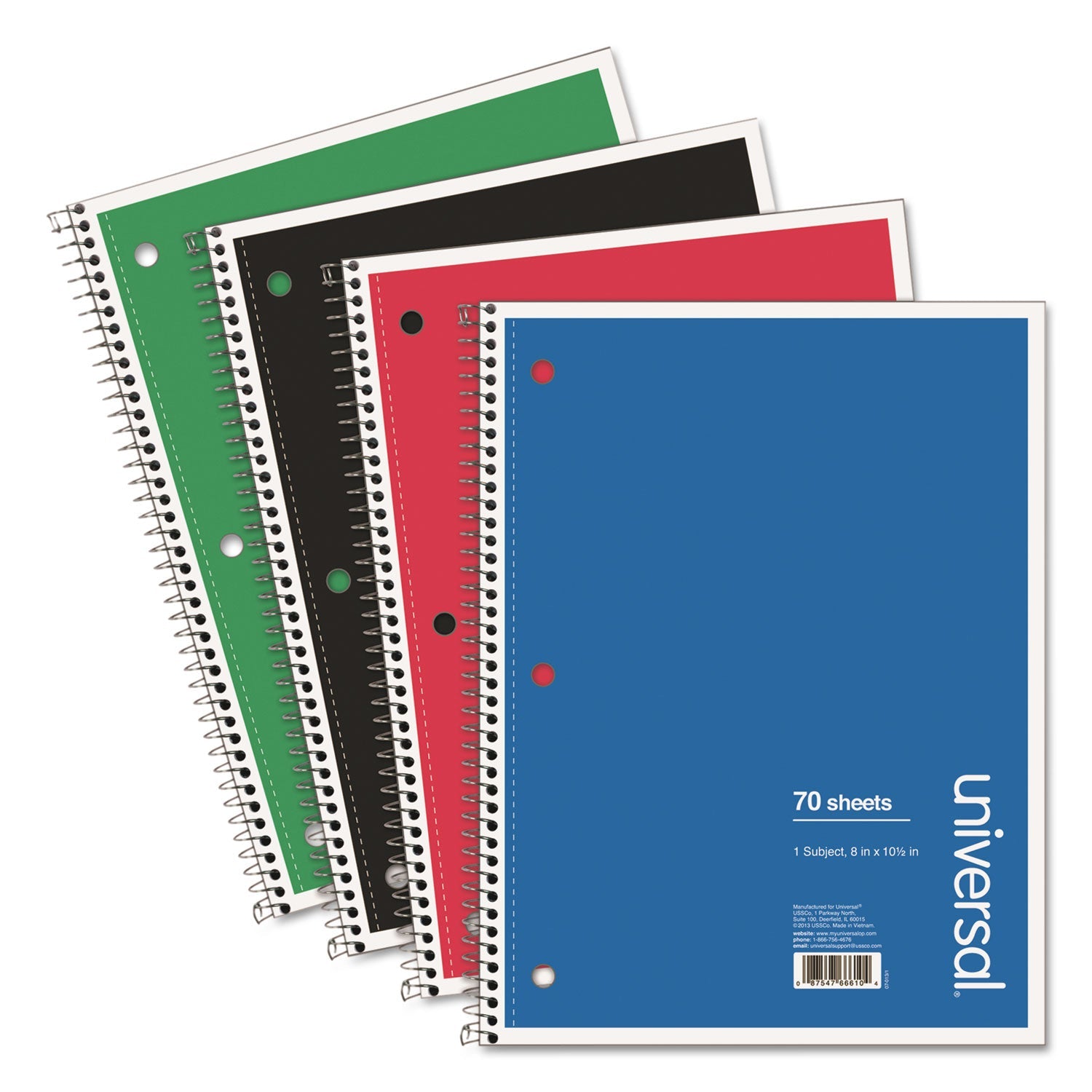 Universal® Wirebound Notebook, 1-Subject, Wide/Legal Rule, Assorted Cover Colors, (70) 10.5 x 8 Sheets, 4/Pack