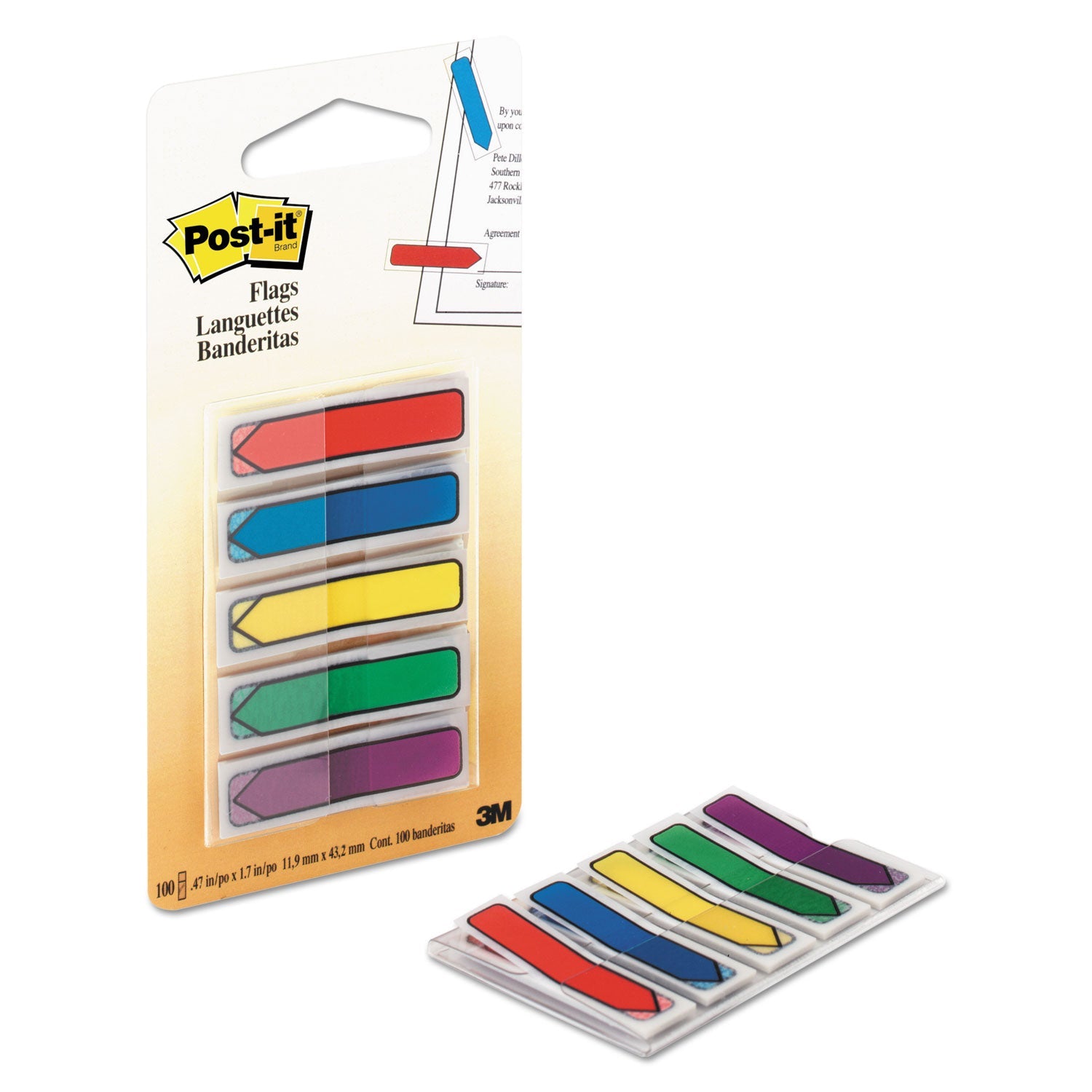 Post-it® Flags Arrow 0.5" Page Flags, Blue/Green/Purple/Red/Yellow, 20/Color, 100/Pack