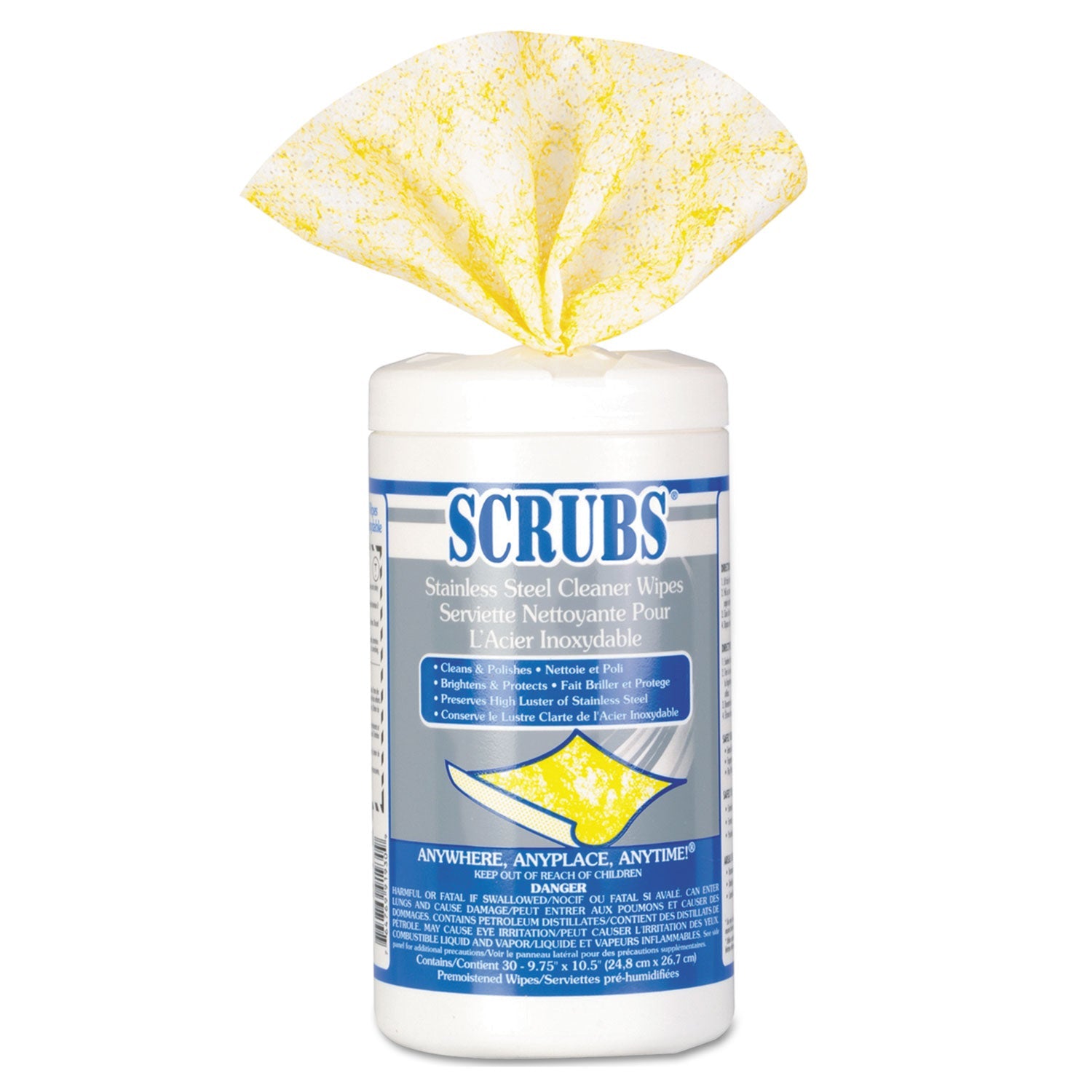 SCRUBS® Stainless Steel Cleaner Towels, 1-Ply, 9.75 x 10.5, Lemon Scent, 30/Canister, 6 Canisters/Carton