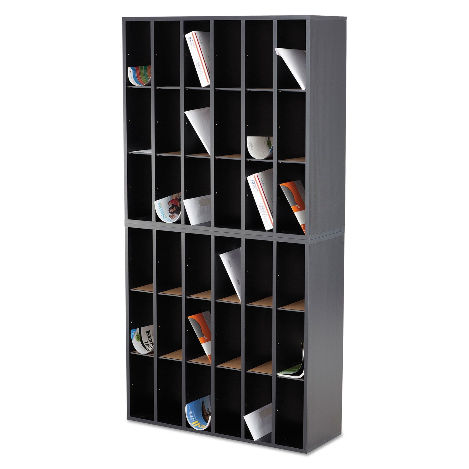 Safco® Wood Mail Sorter with Adjustable Dividers, Stackable, 18 Compartments, 33.75 x 12 x 32.75, Black