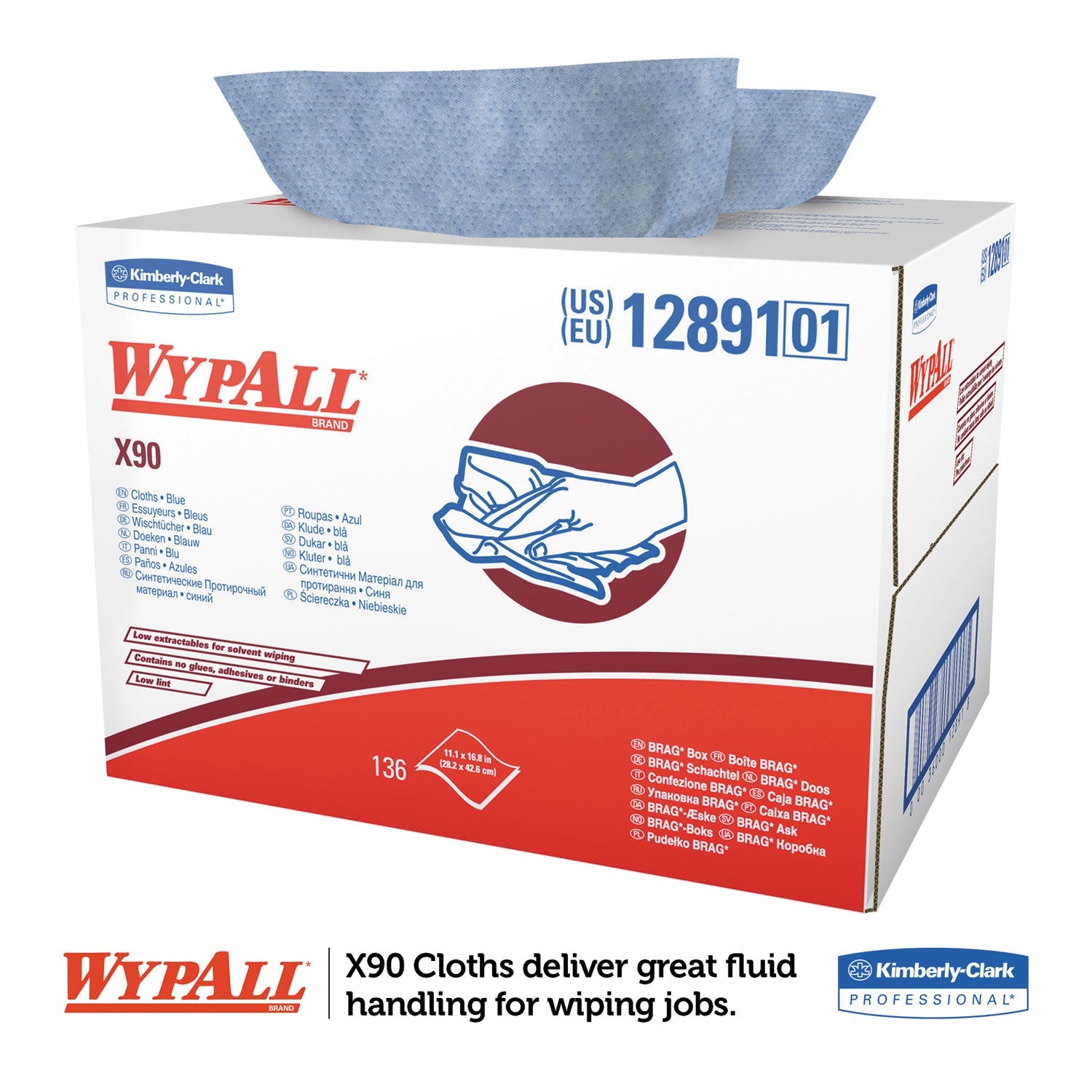 WypAll® X90 Cloths, BRAG Box, 2-Ply, 11.1 x 16.8, Denim Blue, 136/Carton