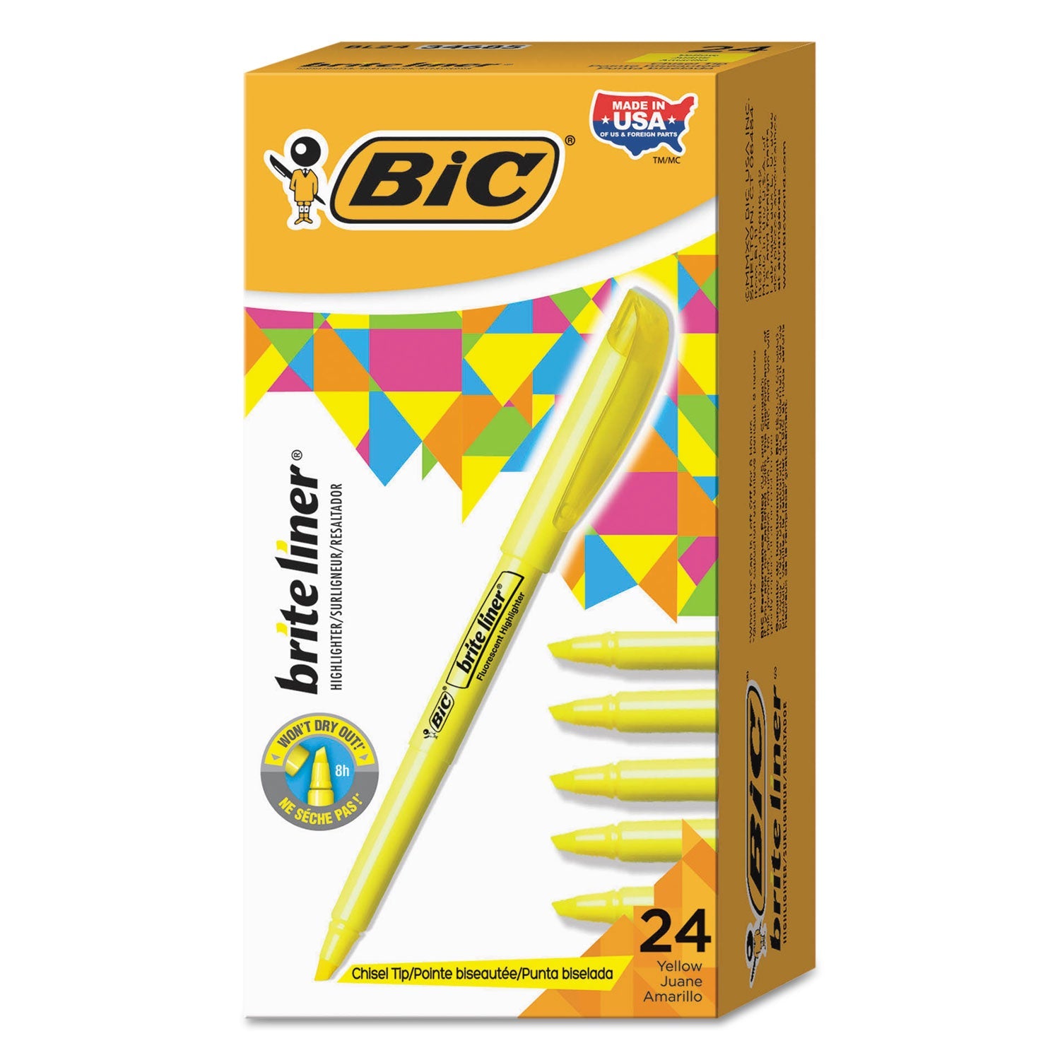BIC® Brite Liner Highlighter Value Pack, Yellow Ink, Chisel Tip, Yellow/black Barrel, 24/pack