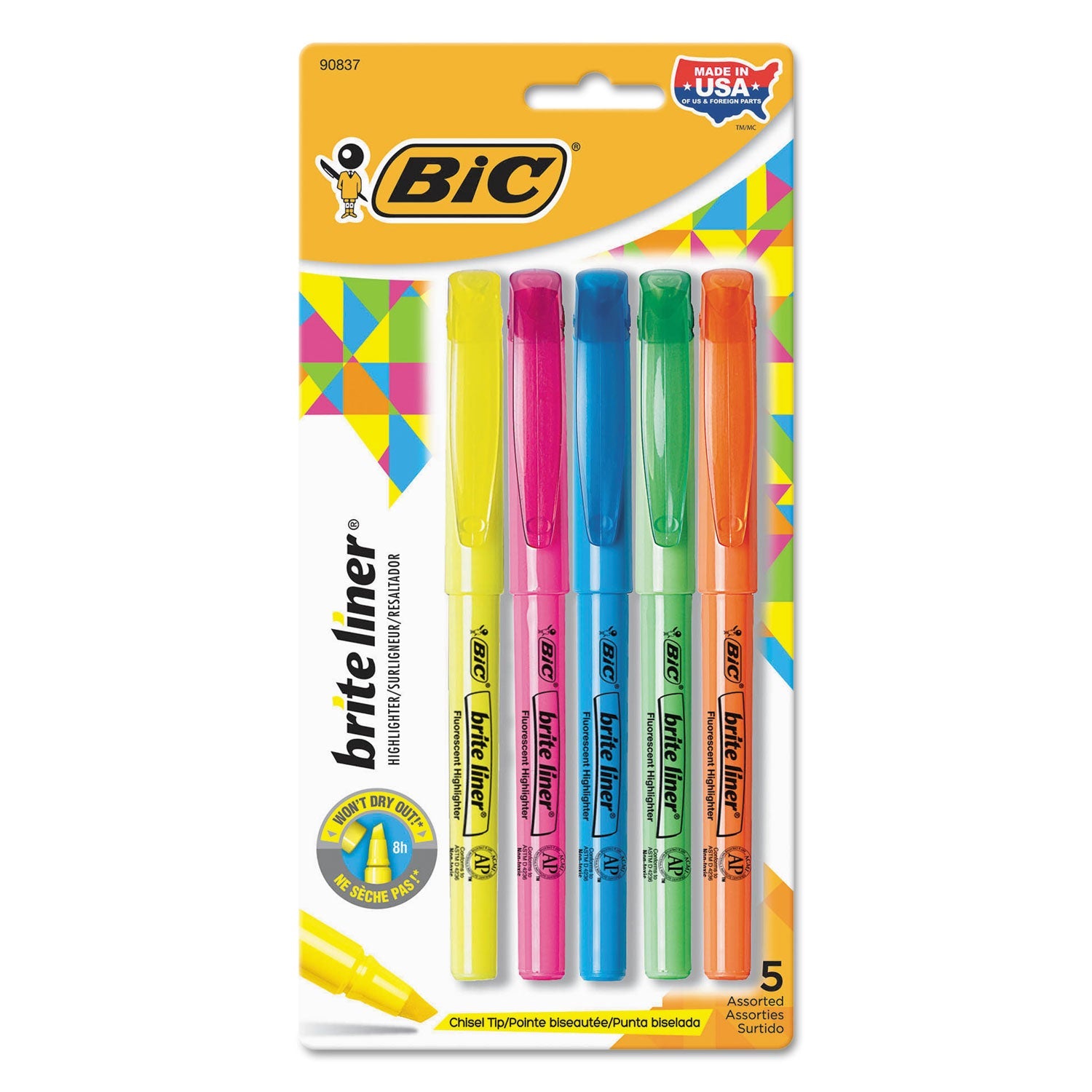 BIC® Brite Liner Highlighter, Assorted Ink Colors, Chisel Tip, Assorted Barrel Colors, 5/set