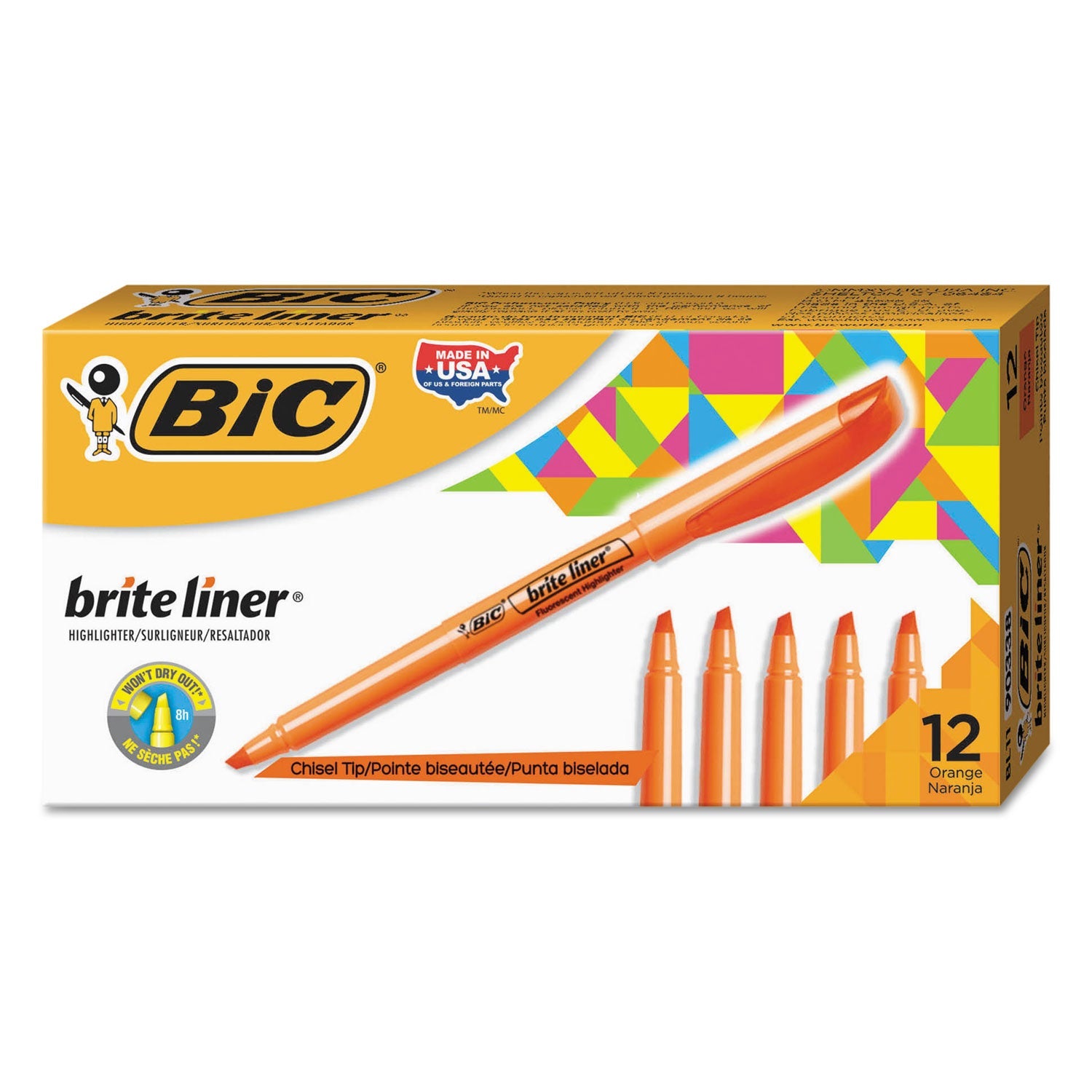 BIC® Brite Liner Highlighter, Fluorescent Orange Ink, Chisel Tip, Orange/black Barrel, Dozen