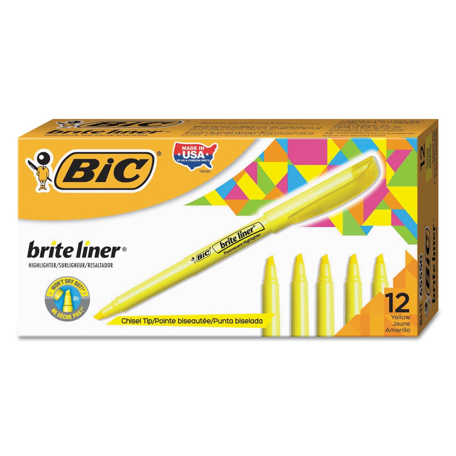 BIC® Brite Liner Highlighter, Fluorescent Yellow Ink, Chisel Tip, Yellow/black Barrel, Dozen