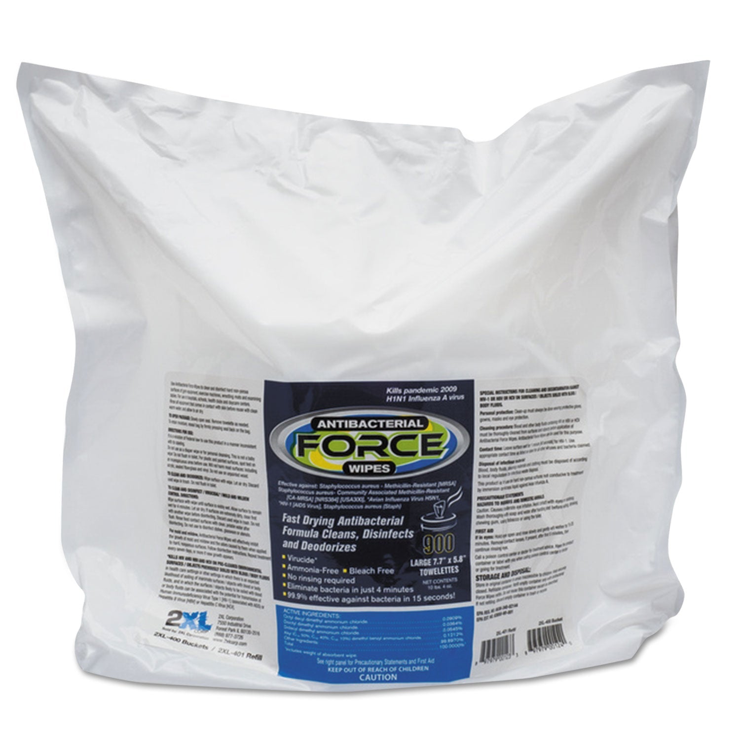 2XL FORCE Disinfecting Wipes Refill, 1-Ply, 6 x 8, Unscented, White, 900/Pack, 4 Packs/Carton