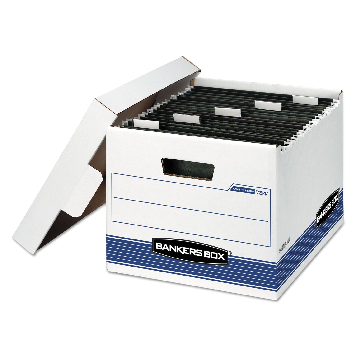 Bankers Box® Hang'n'stor Medium-Duty Storage Boxes, Letter Files, 12.63" X 15.63" X 10", White/blue, 4/carton