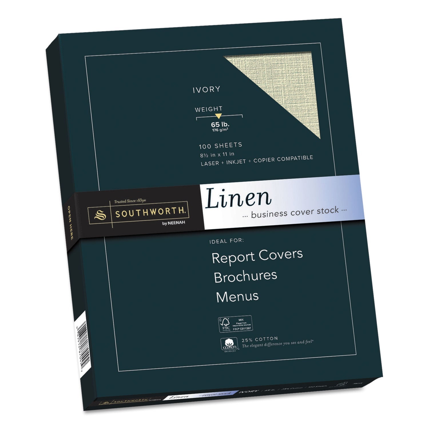 Southworth® 25% Cotton Linen Cover Stock, 65 lb Cover Weight, 8.5 x 11, 100/Pack
