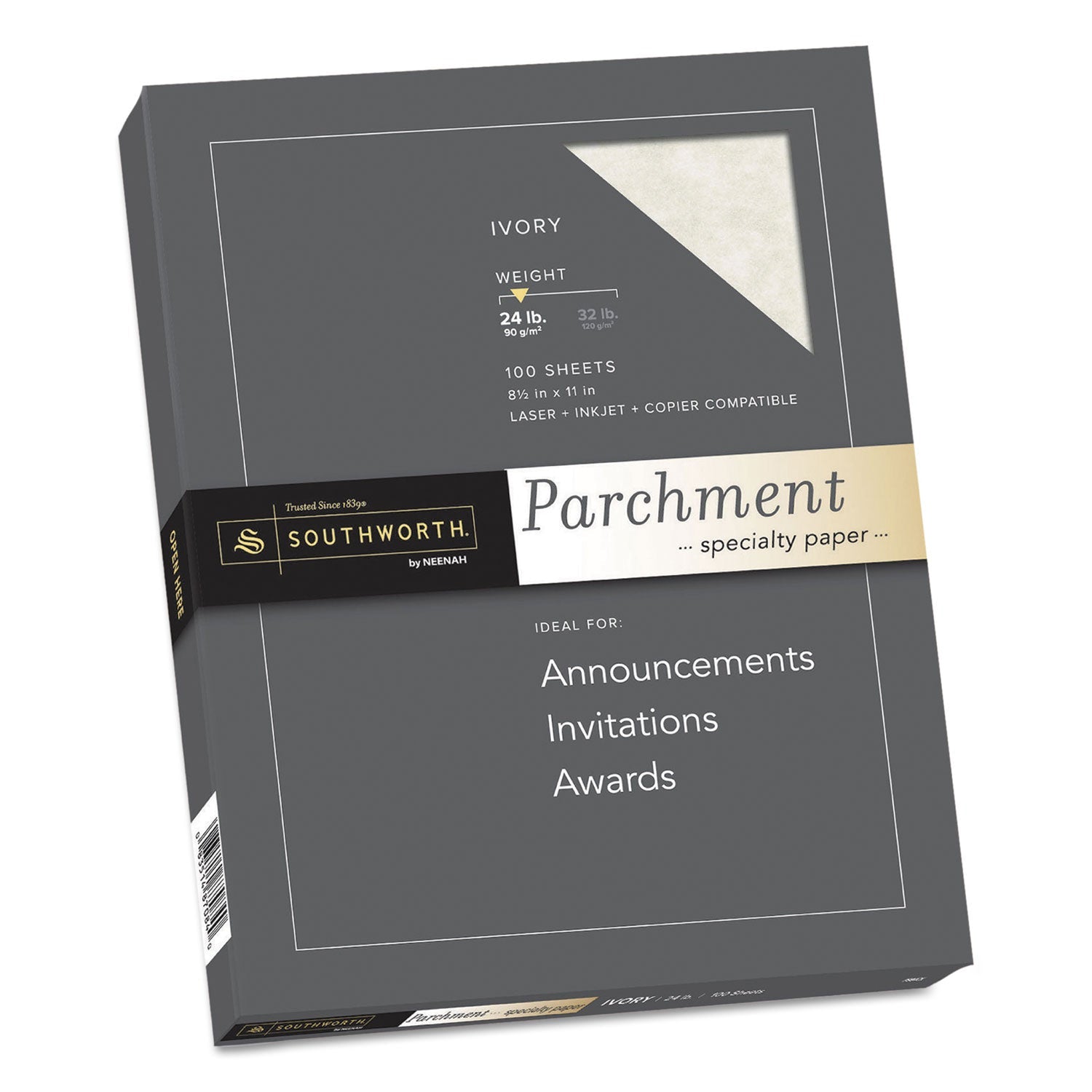 Southworth® Parchment Specialty Paper, 24 lb Bond Weight, 8.5 x 11, Ivory, 100/Pack