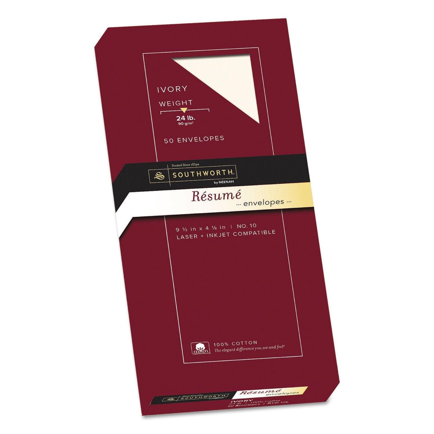 Southworth® 100% Cotton Resume Envelope, #10, Commercial Flap, Gummed Closure, 4.13 X 9.5, Ivory, 50/box