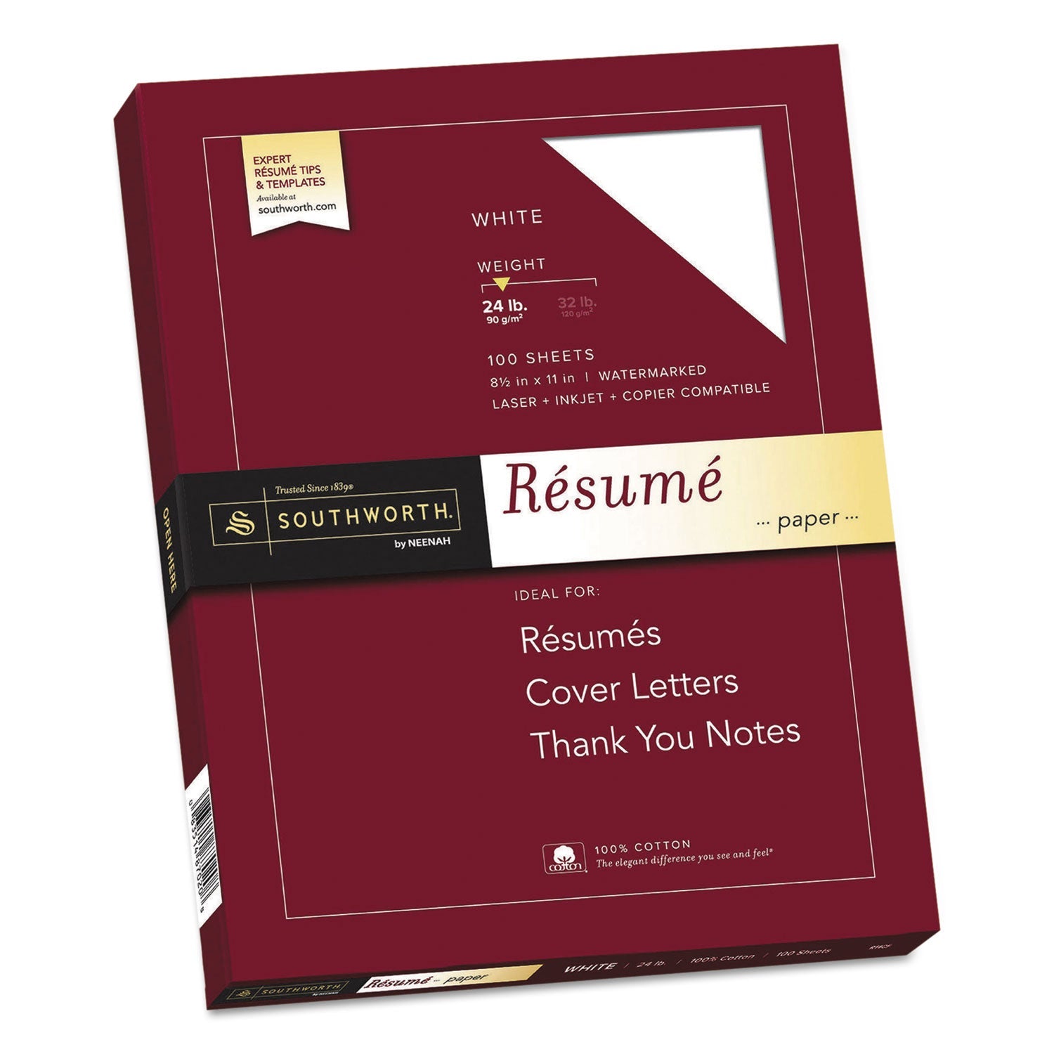 100% Cotton Resume Paper | 24lb, White, 100/Pack