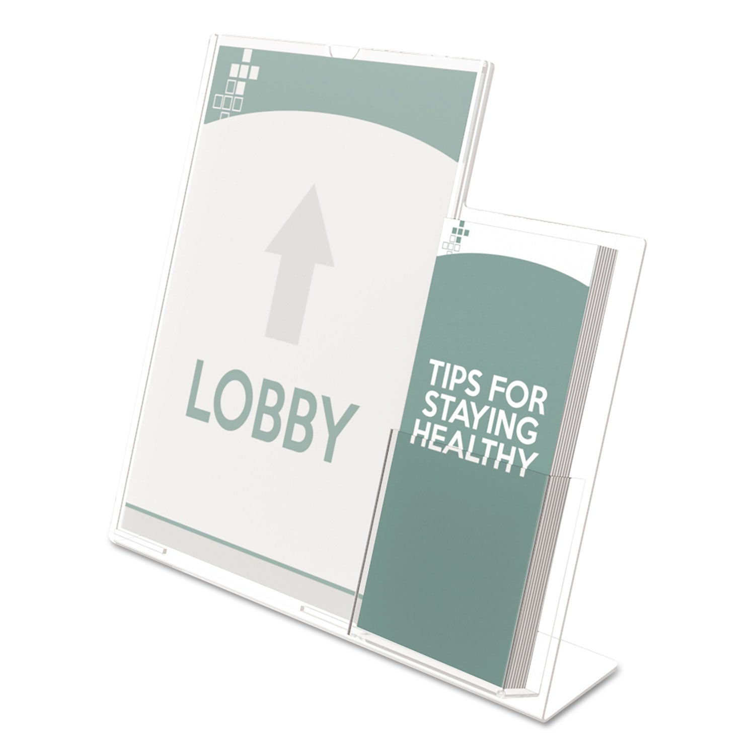 deflecto® Superior Image Slanted Sign Holder With Side Pocket, 13.5w X 4.25d X 10.88h, Clear