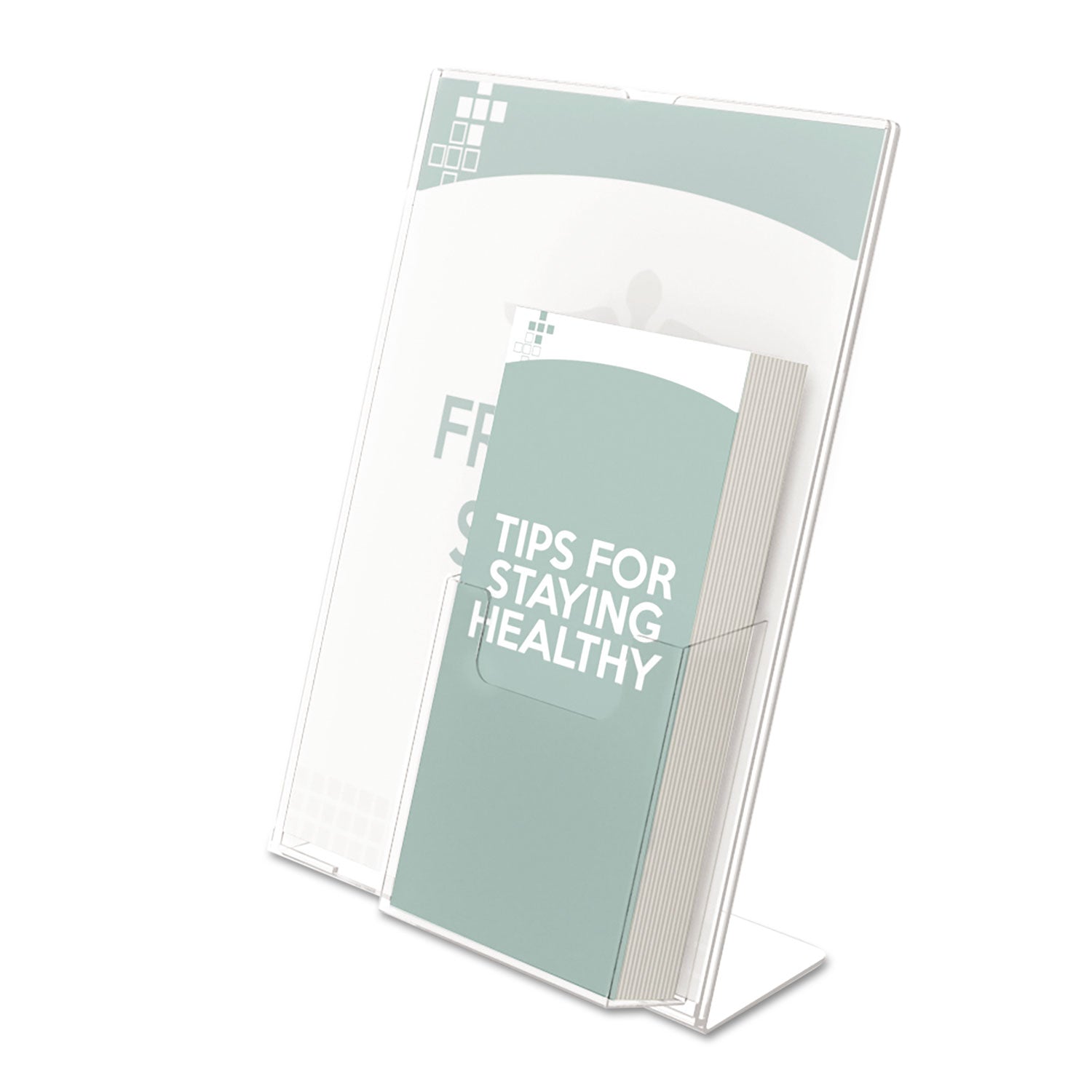 deflecto® Superior Image Slanted Sign Holder with Front Pocket, 9w x 4.5d x 10.75h, Clear