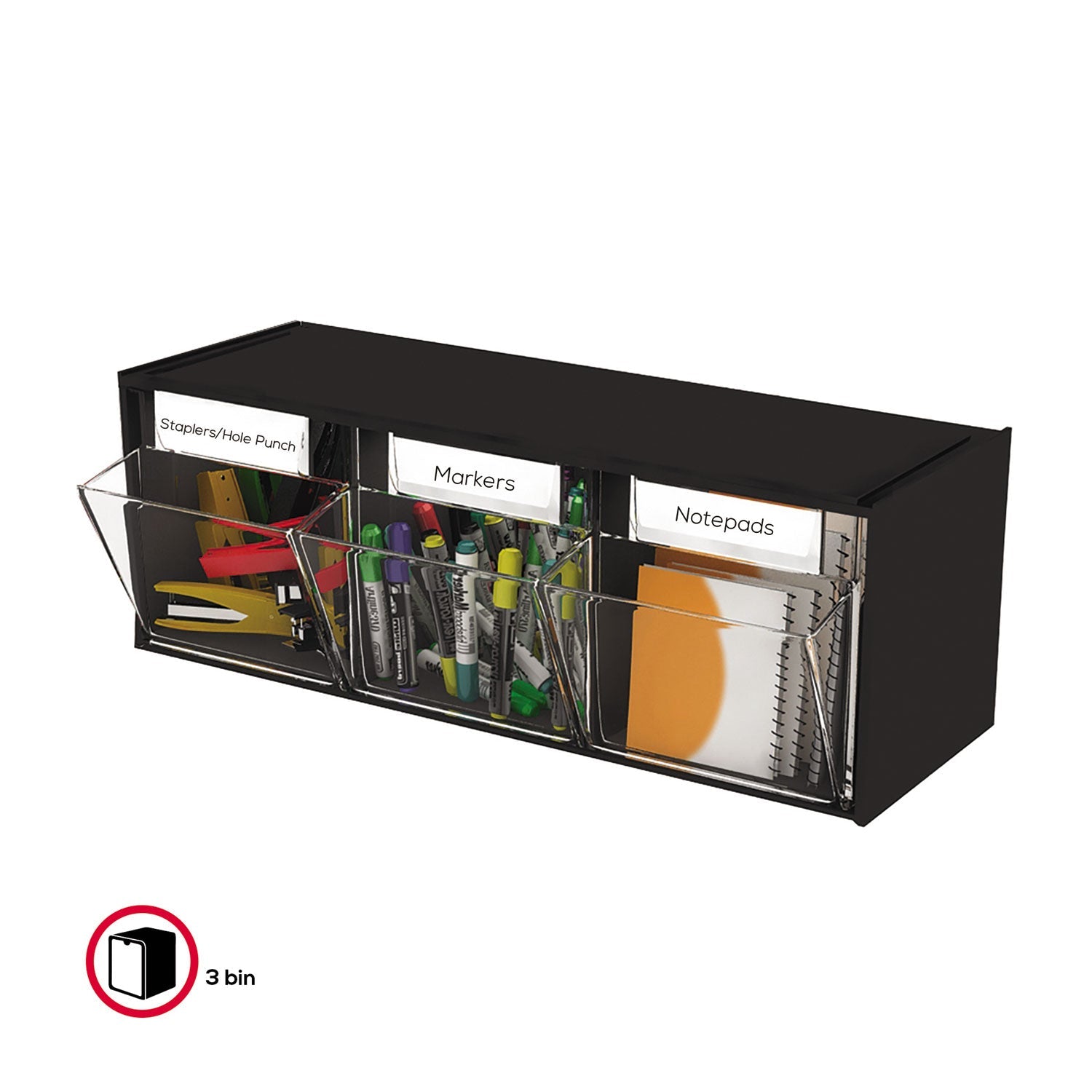 deflecto® Tilt Bin Interlocking Multi-Bin Storage Organizer, 3 Sections, 23.63" X 7.75" X 9.5", Black/clear