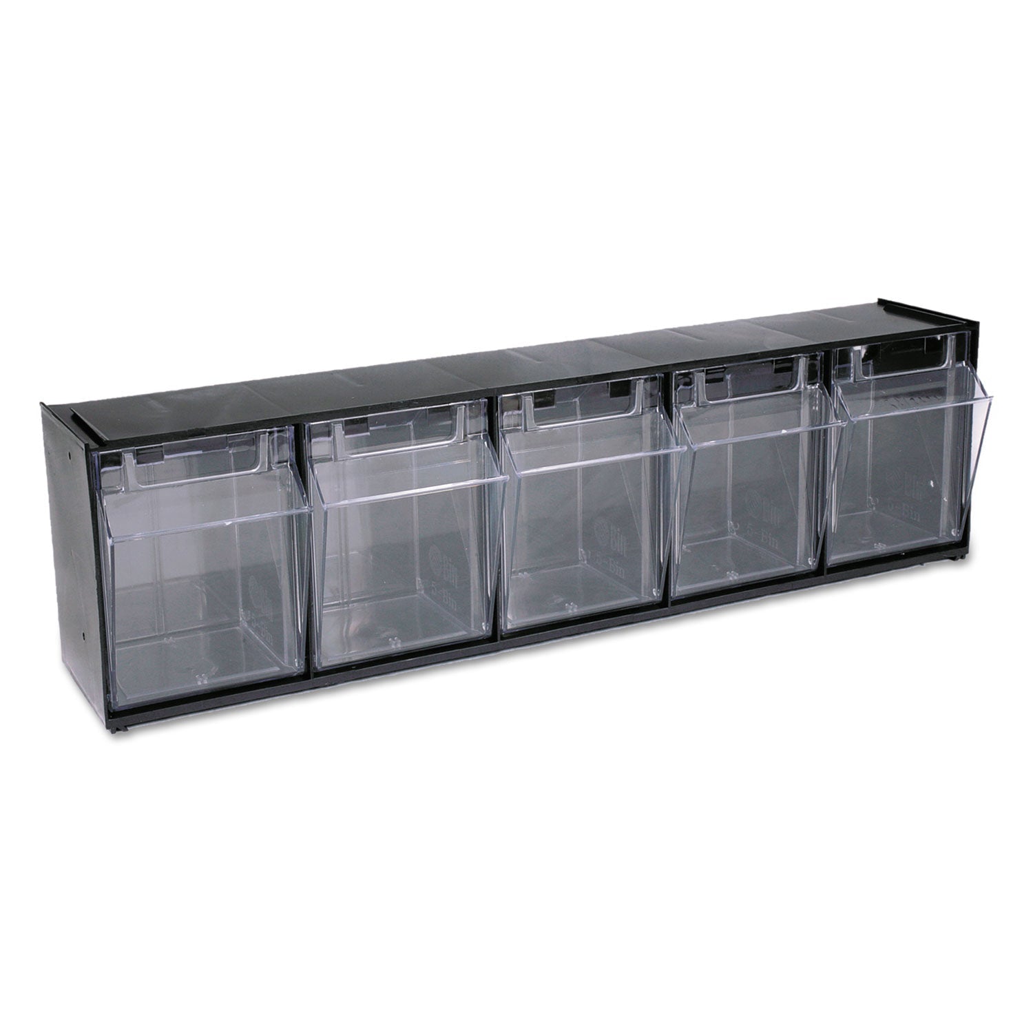 deflecto® Tilt Bin Interlocking Multi-Bin Storage Organizer, 5 Sections, 23.63" X 5.25" X 6.5", Black/clear