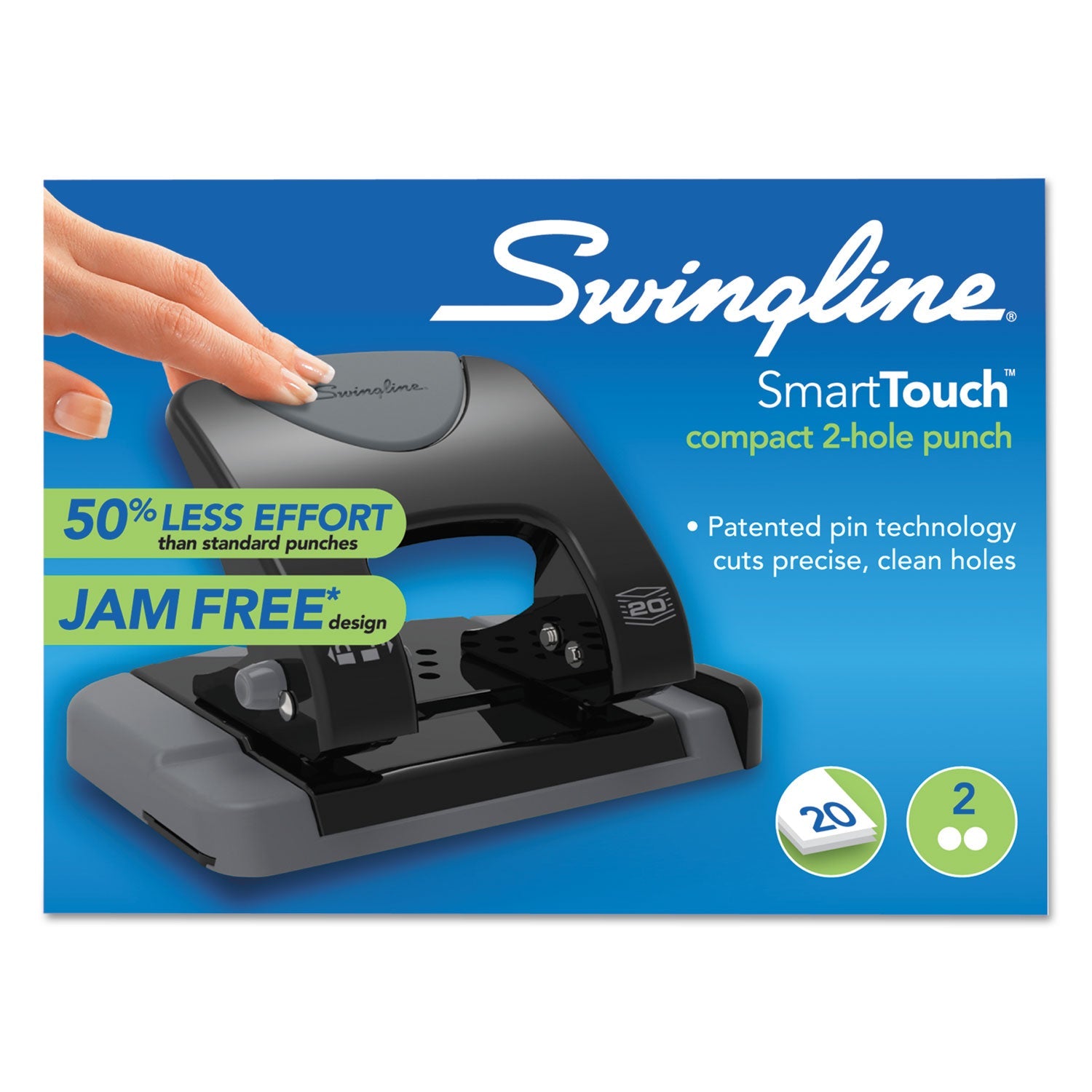 Swingline® 20-Sheet Smarttouch Two-Hole Punch, 9/32" Holes, Black/gray - Bloom Skins