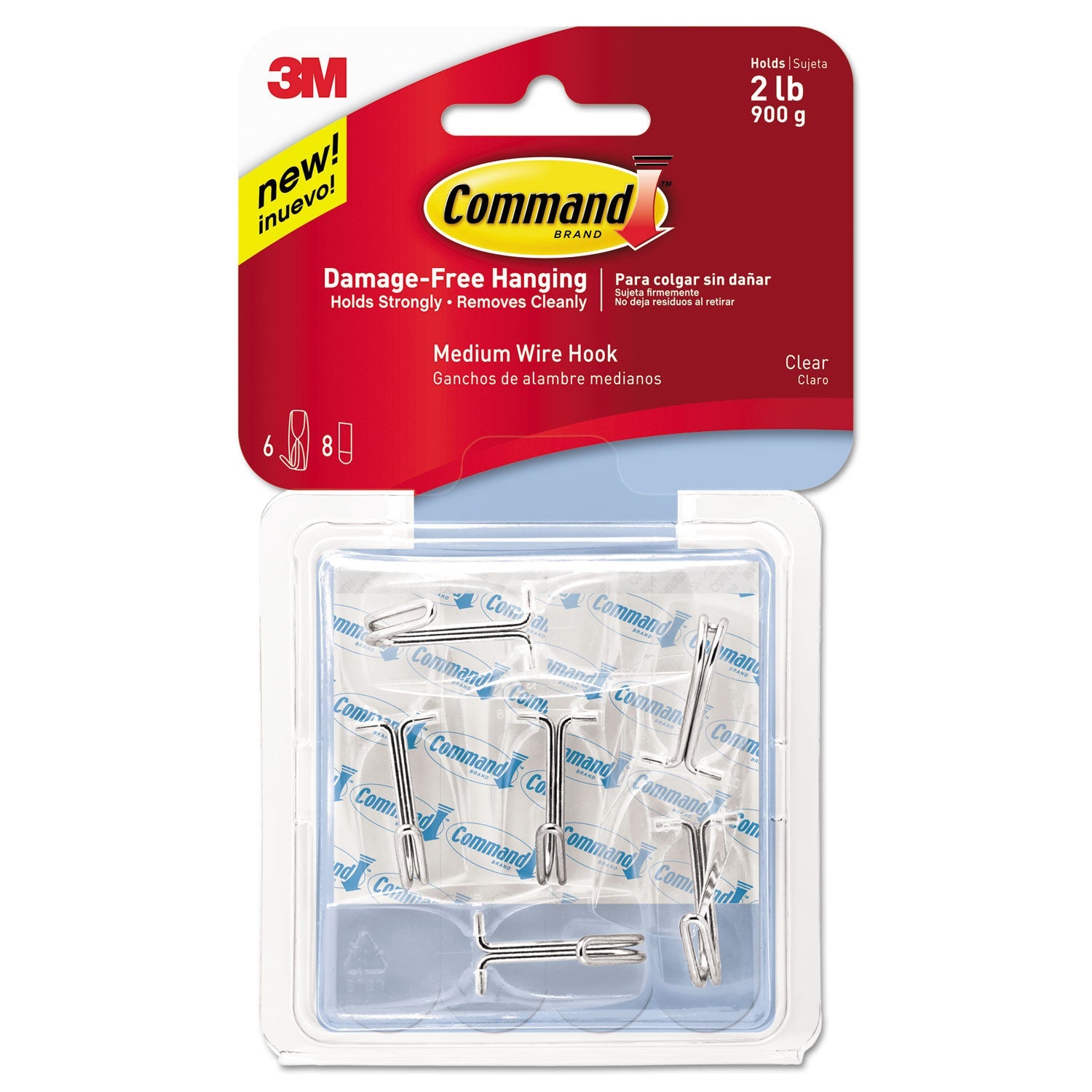 Command™ Clear Hooks and Strips, Medium, Plastic, 2 lb Capacity, 6 Hooks and 8 Strips/Pack