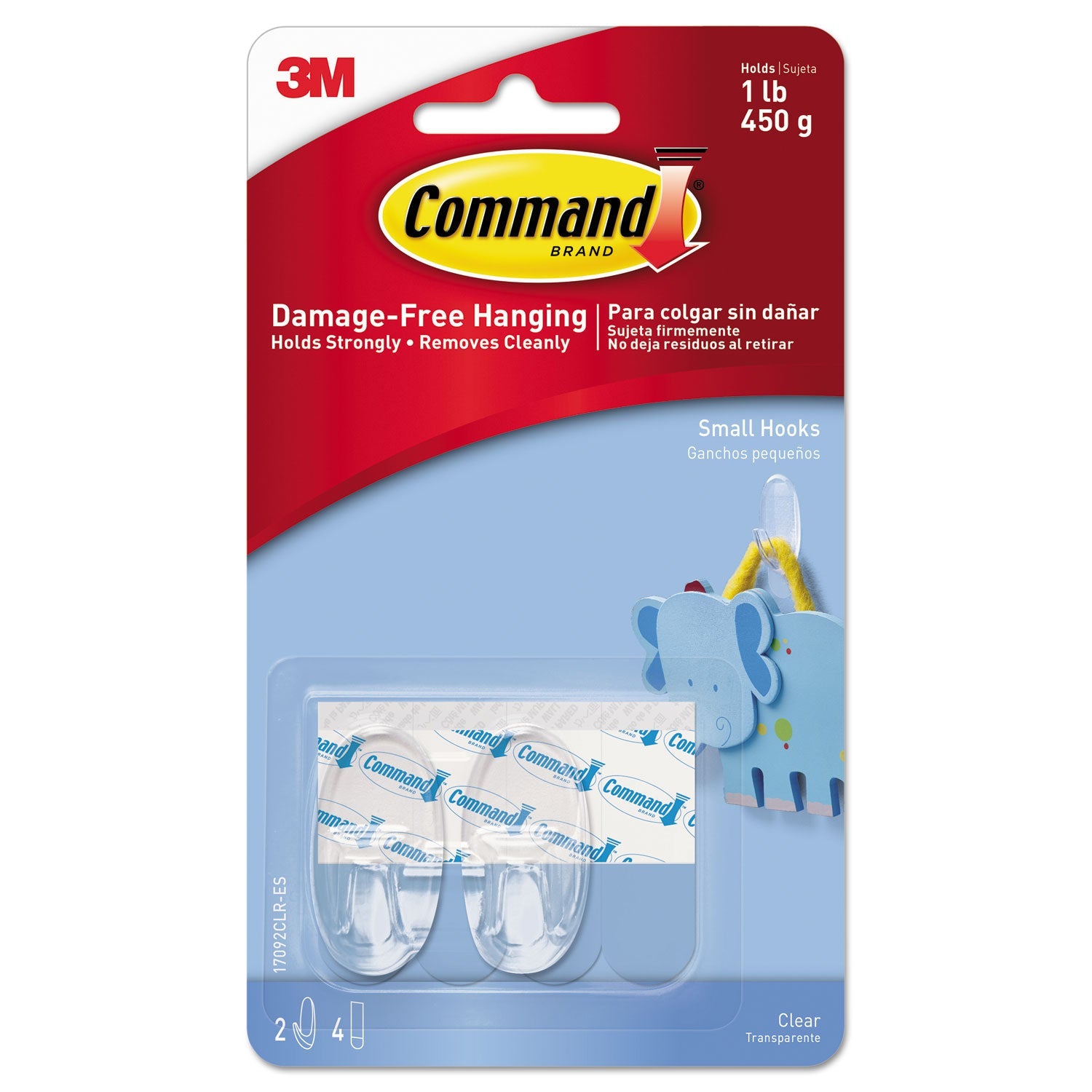 Command™ Clear Hooks and Strips, Small, Plastic, 1 lb Capacity, 2 Hooks and 4 Strips/Pack