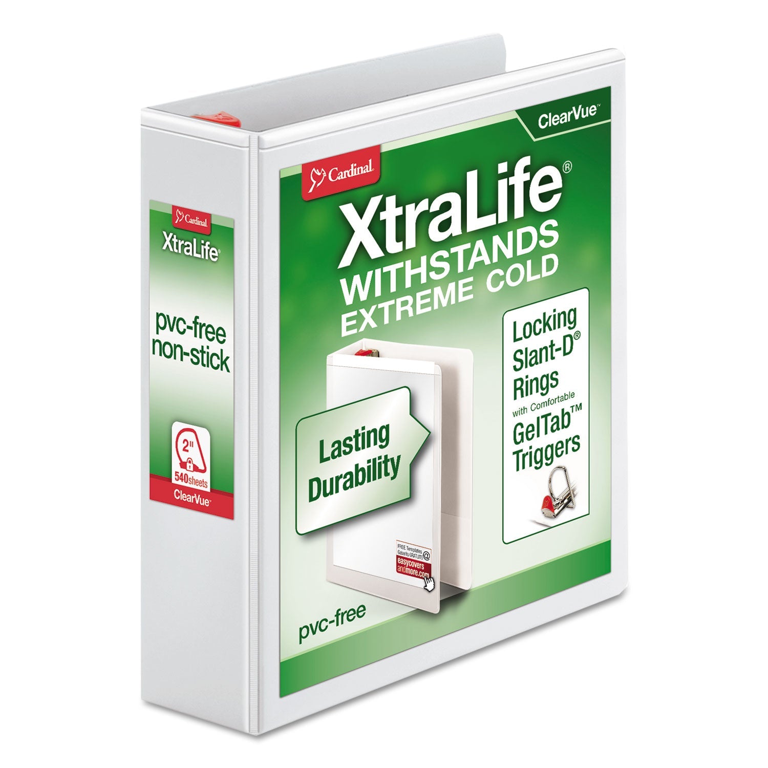 Cardinal® XtraLife ClearVue Non-Stick Slant-D Ring Binder, 3 Rings, 2" Capacity, 11 x 8.5, White