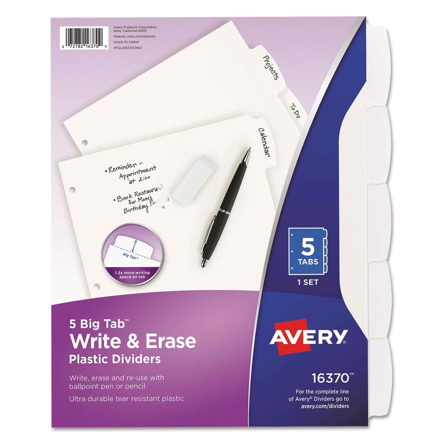 Avery® Write and Erase Big Tab Durable Plastic Dividers, 3-Hole Punched, 5-Tab, 11 x 8.5, White, 1 Set