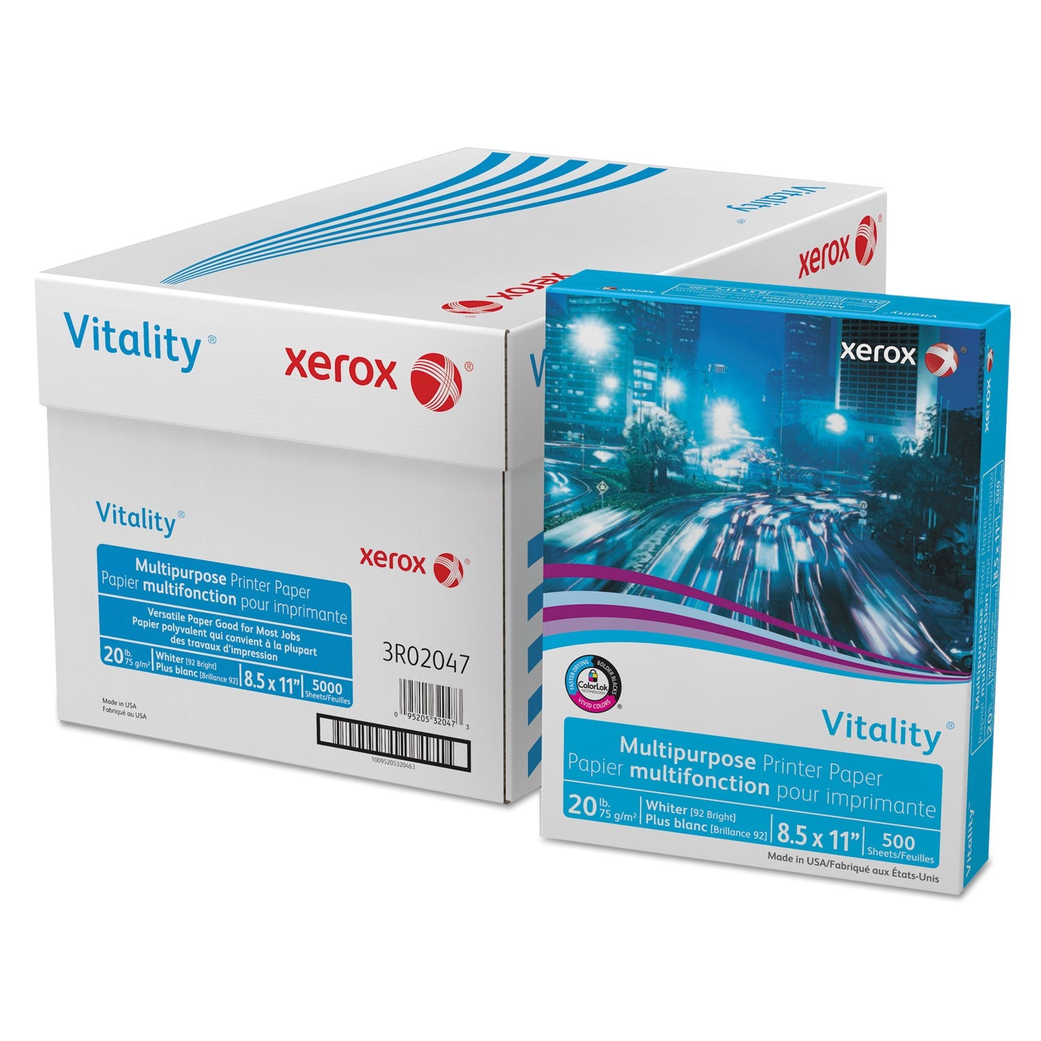 xerox™ Vitality Multipurpose Print Paper, 92 Bright, 20 lb Bond Weight, 8.5 x 11, White, 500 Sheets/Ream, 10 Reams/Carton