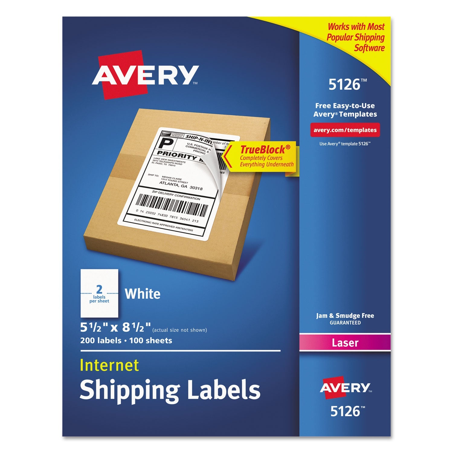 Avery® Shipping Labels W/ Trueblock Technology, Laser Printers, 5.5 X 8.5, White, 2/sheet, 100 Sheets/box
