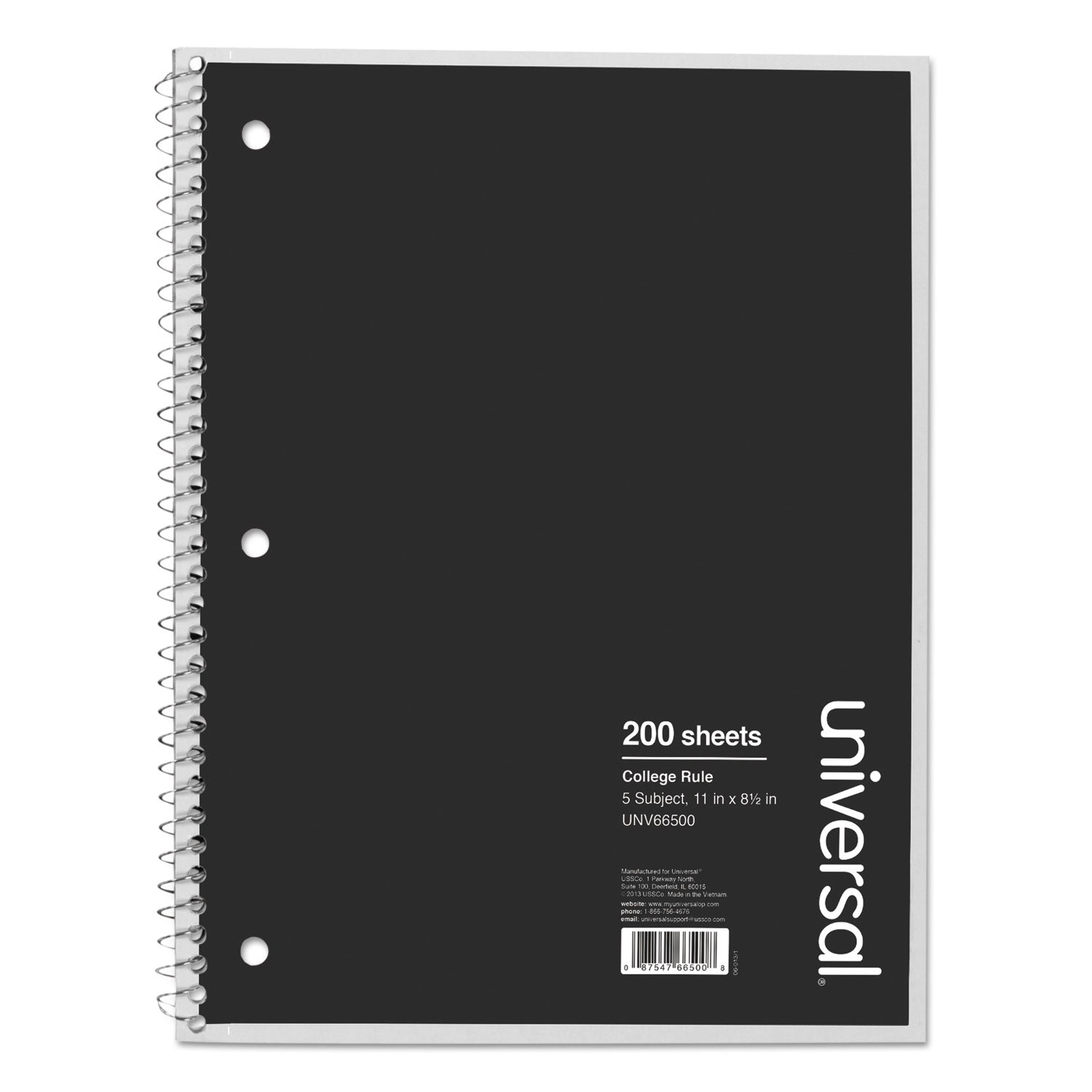 Universal® Wirebound Notebook, 5-Subject, Medium/College Rule, Black Cover, (200) 11 x 8.5 Sheets