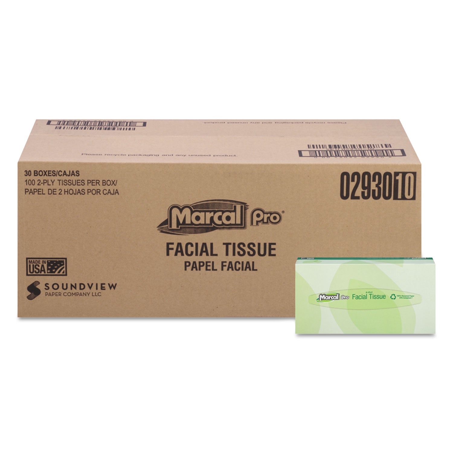 Marcal PRO™ 100% Recycled Convenience Pack Facial Tissue, Septic Safe, 2-Ply, White, 100 Sheets/box, 30 Boxes/carton
