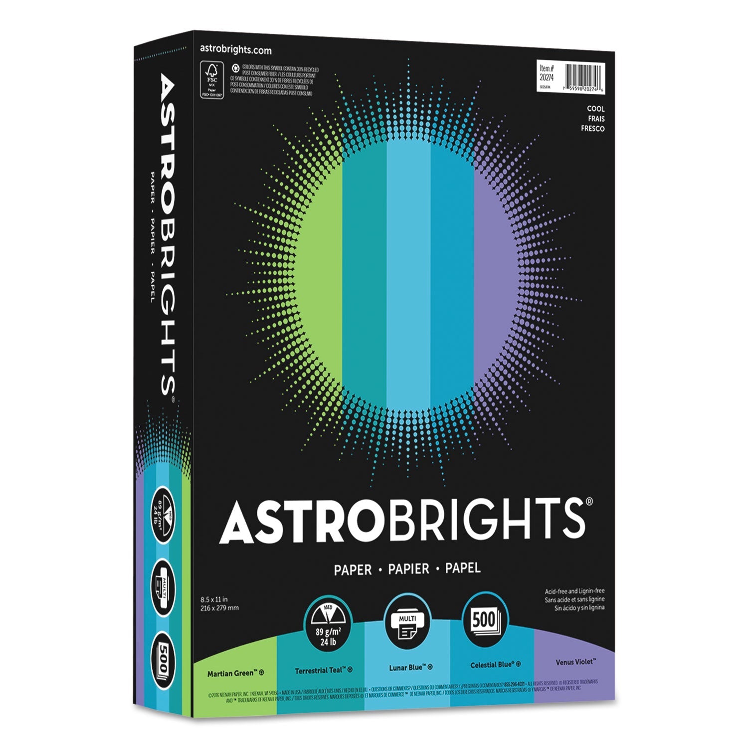 Astrobrights® Color Paper - "Cool" Assortment, 24 lb Bond Weight, 8.5 x 11, Assorted Cool Colors, 500/Ream