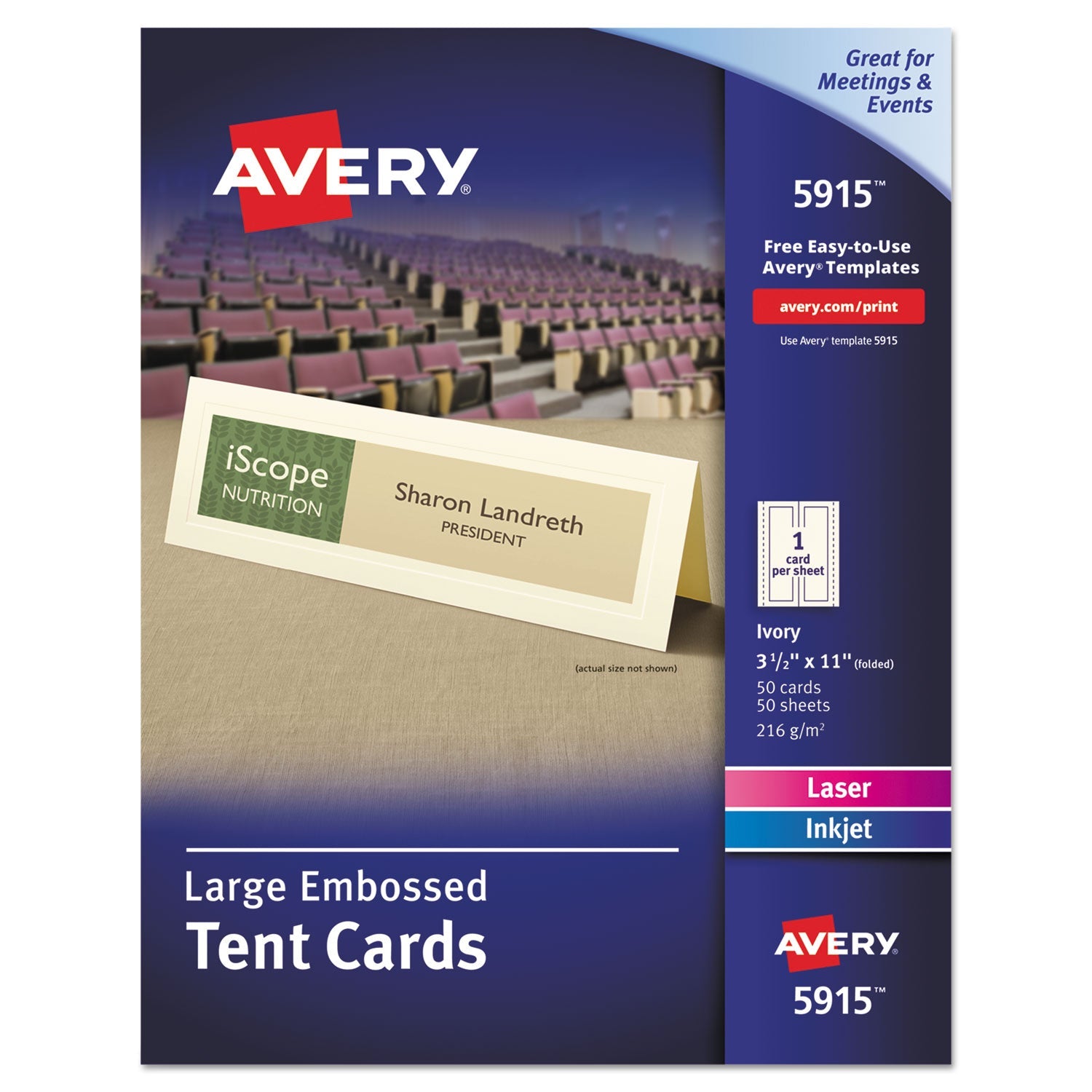Avery® Large Embossed Tent Card, Ivory, 11 x 3.5,, 1 Card/Sheet, 50 Sheets/Pack
