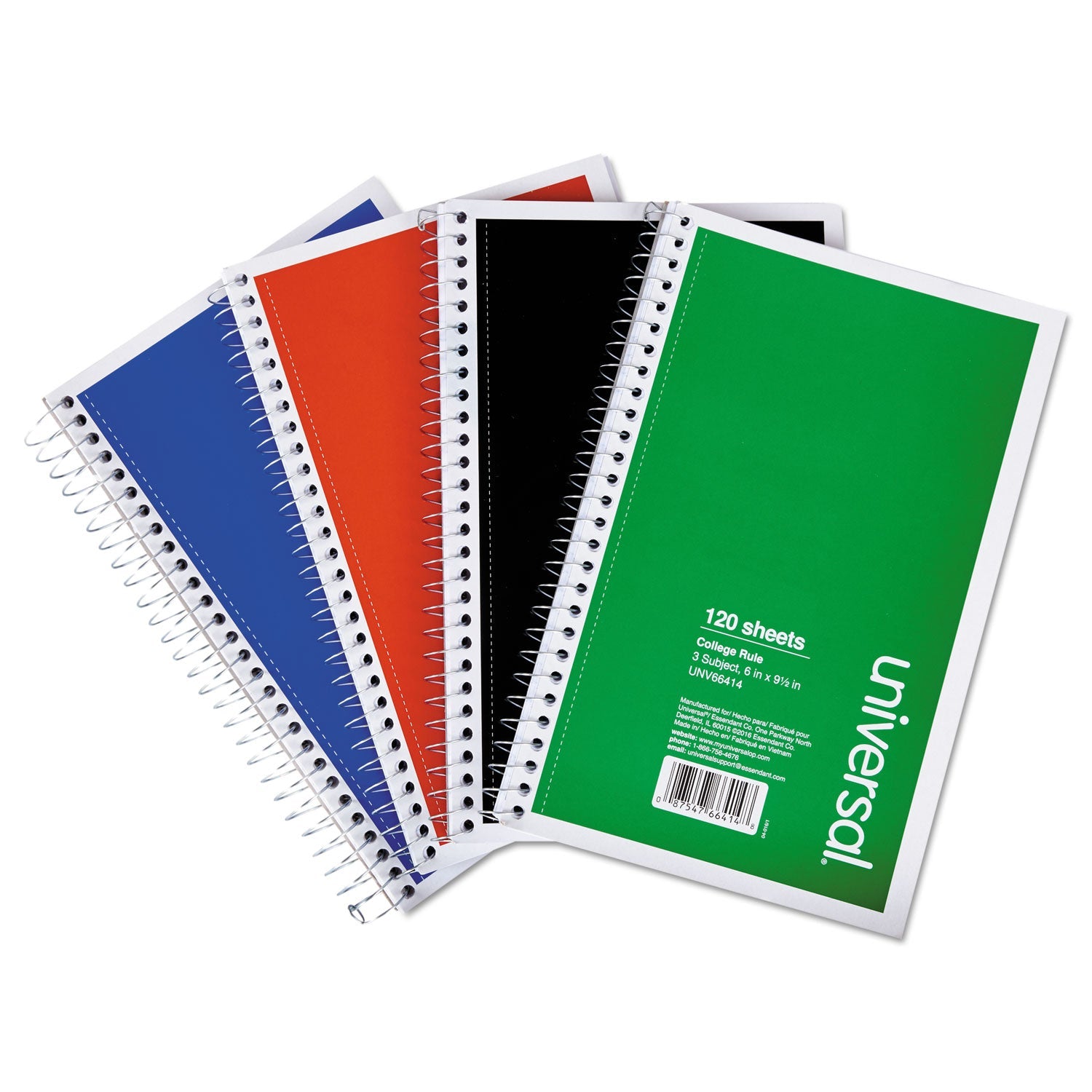 Universal® Wirebound Notebook, 3-Subject, Medium/College Rule, Assorted Cover Colors, (120) 9.5 x 6 Sheets, 4/Pack