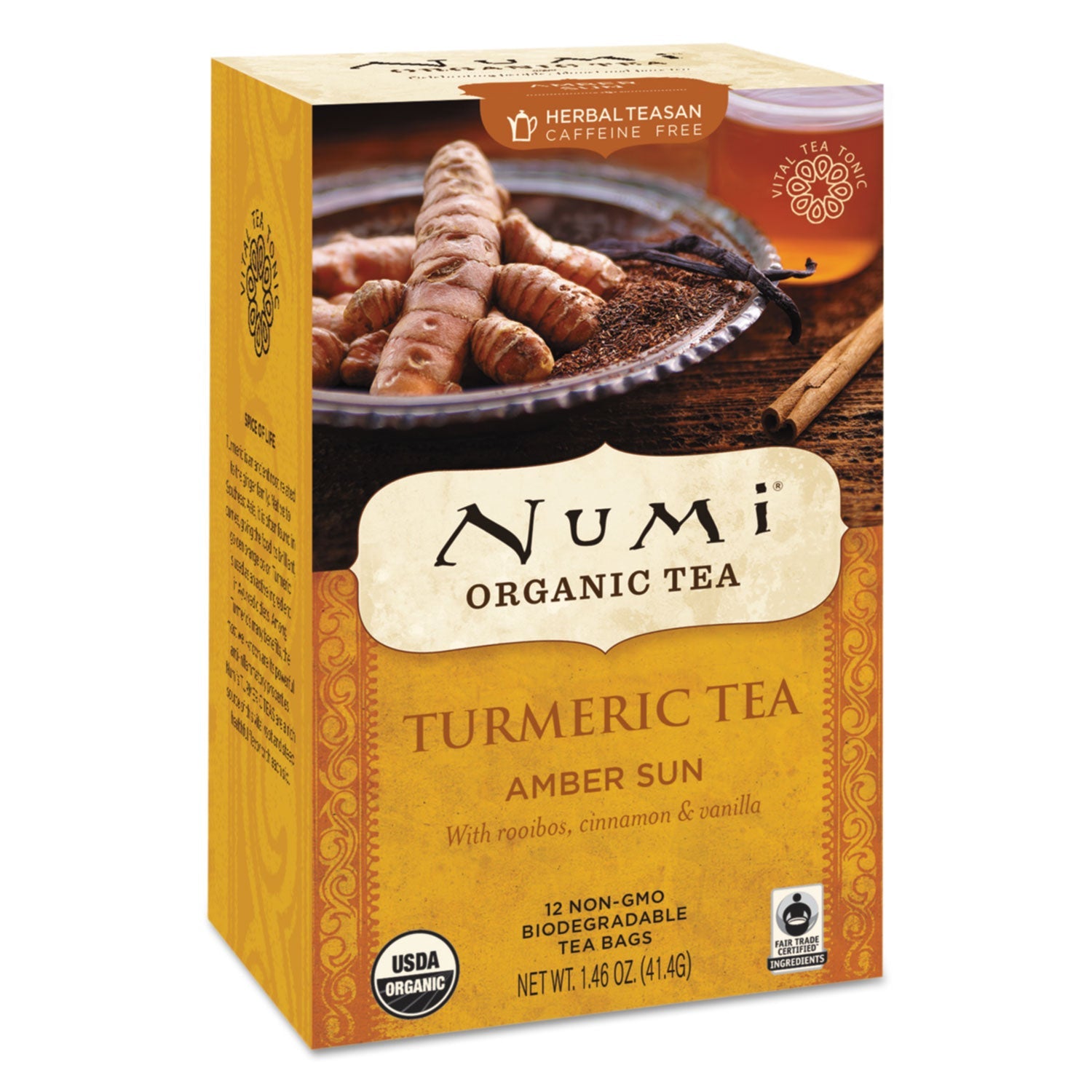 Numi® Turmeric Tea, Amber Sun, 1.46 Oz Bag, 12/box