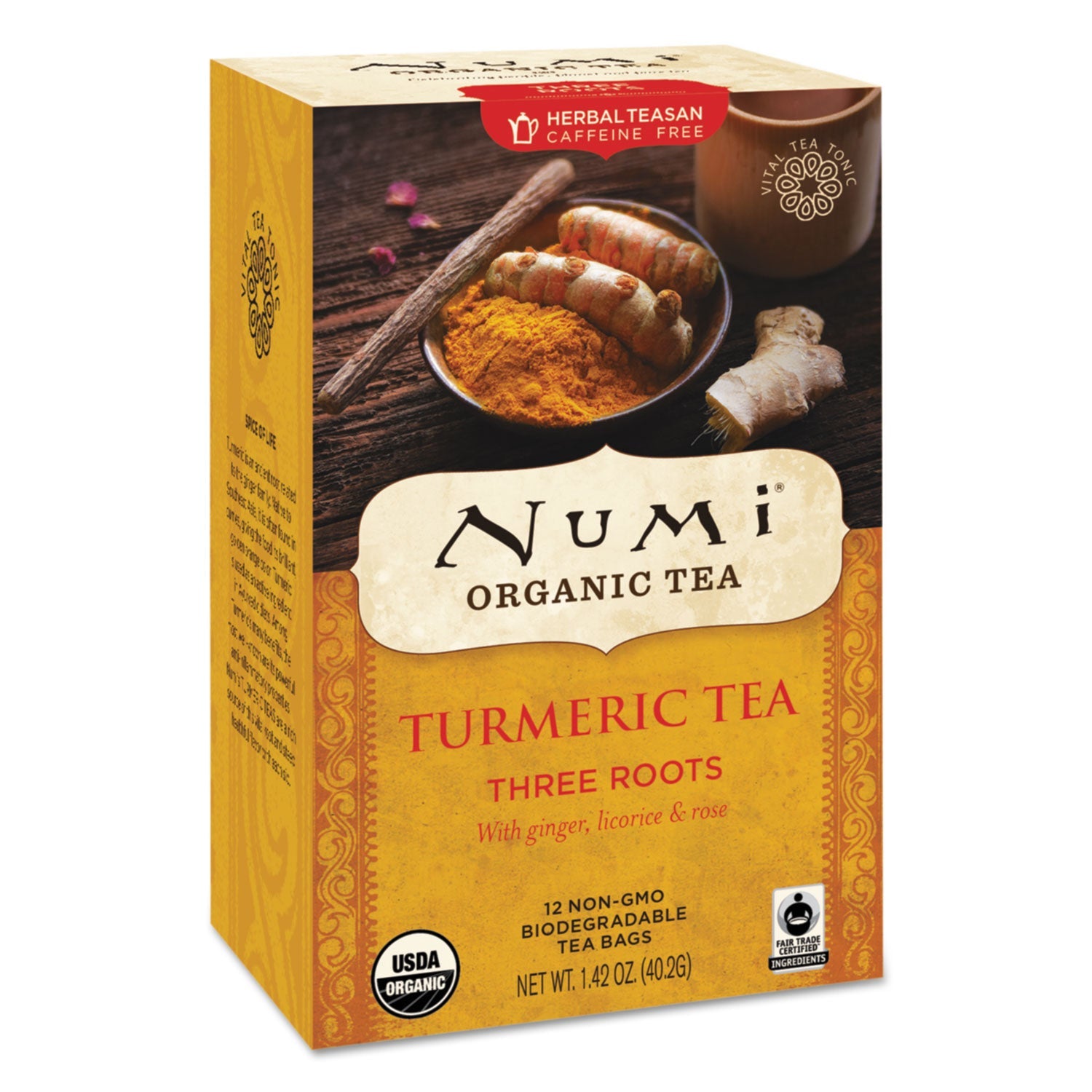 Numi® Turmeric Tea, Three Roots, 1.42 Oz Bag, 12/box