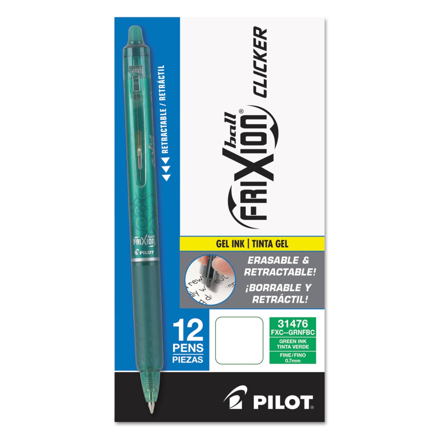 Pilot® Frixion Clicker Erasable Gel Pen, Retractable, Fine 0.7 Mm, Green Ink, Green Barrel, Dozen - Bloom Skins