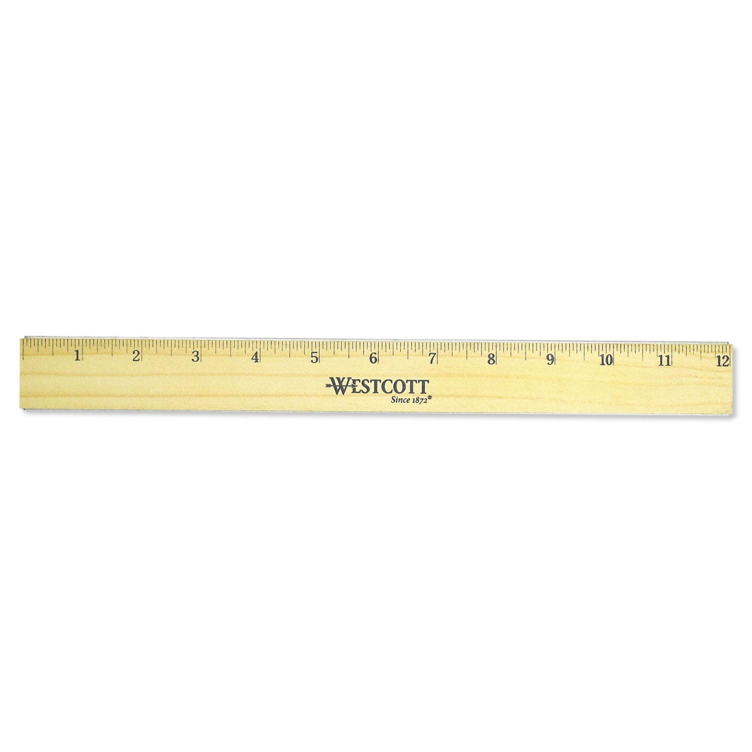 Westcott® Flat Wood Ruler With Two Double Brass Edges, Standard/metric, 12", Clear Lacquer Finish